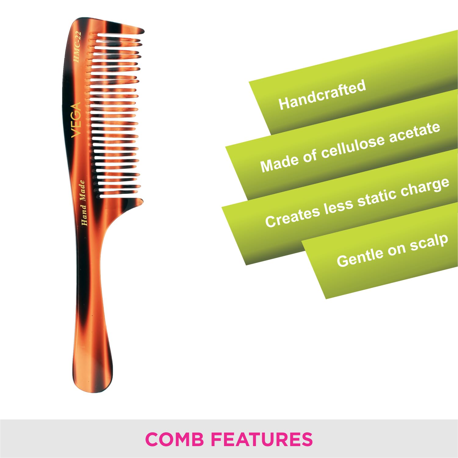 Vega Tortoise Shell Detangling Hair Comb for Men & Women – 2 Rows Anti-Static Wide Tooth Comb, Handmade in India (HMC-22) | Perfect for Wet Hair, Thick Hair & Curly Hair Care