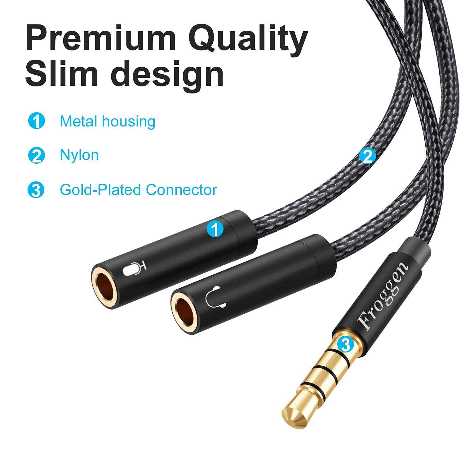 Froggen 3.5mm Headphone Mic Splitter Adapter - Male to Dual Female Audio Y Cable for Gaming Headsets on PS4, Xbox One, PC, Laptop & Smartphone - Perfect for Streaming, Online Gaming & Conference Calls