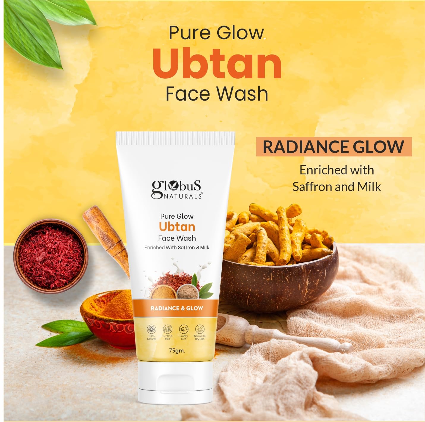 Globus Naturals Face Wash Combo Set of 3 (75g Each) - Kesar Chandan, Vitamin C & Ubtan for Glowing Skin | Daily Cleansing, Acne Control & Brightening | Perfect for Morning & Night Skincare Routine
