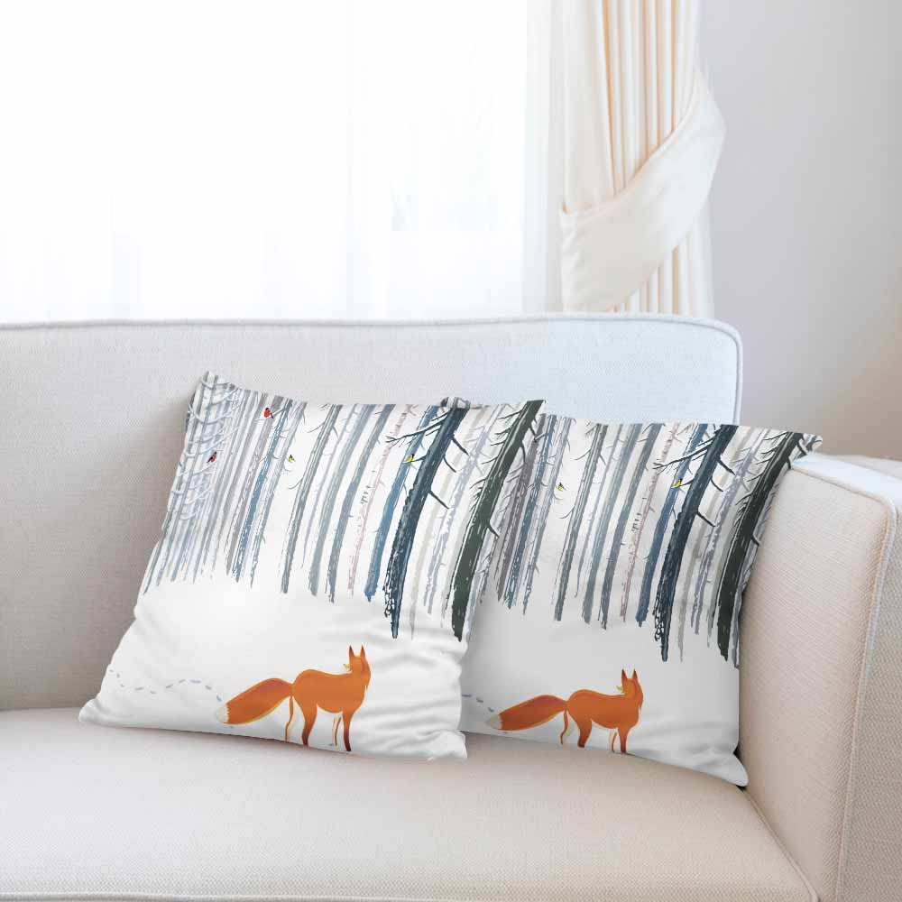 Red Fox & Yellow Bird Winter Landscape Throw Pillow Covers - 2 Pack 18x18 Inch Decorative Cushion Covers for Sofa, Couch, Bed | Cozy Home Decor for Living Room, Bedroom & Seasonal Holiday Styling