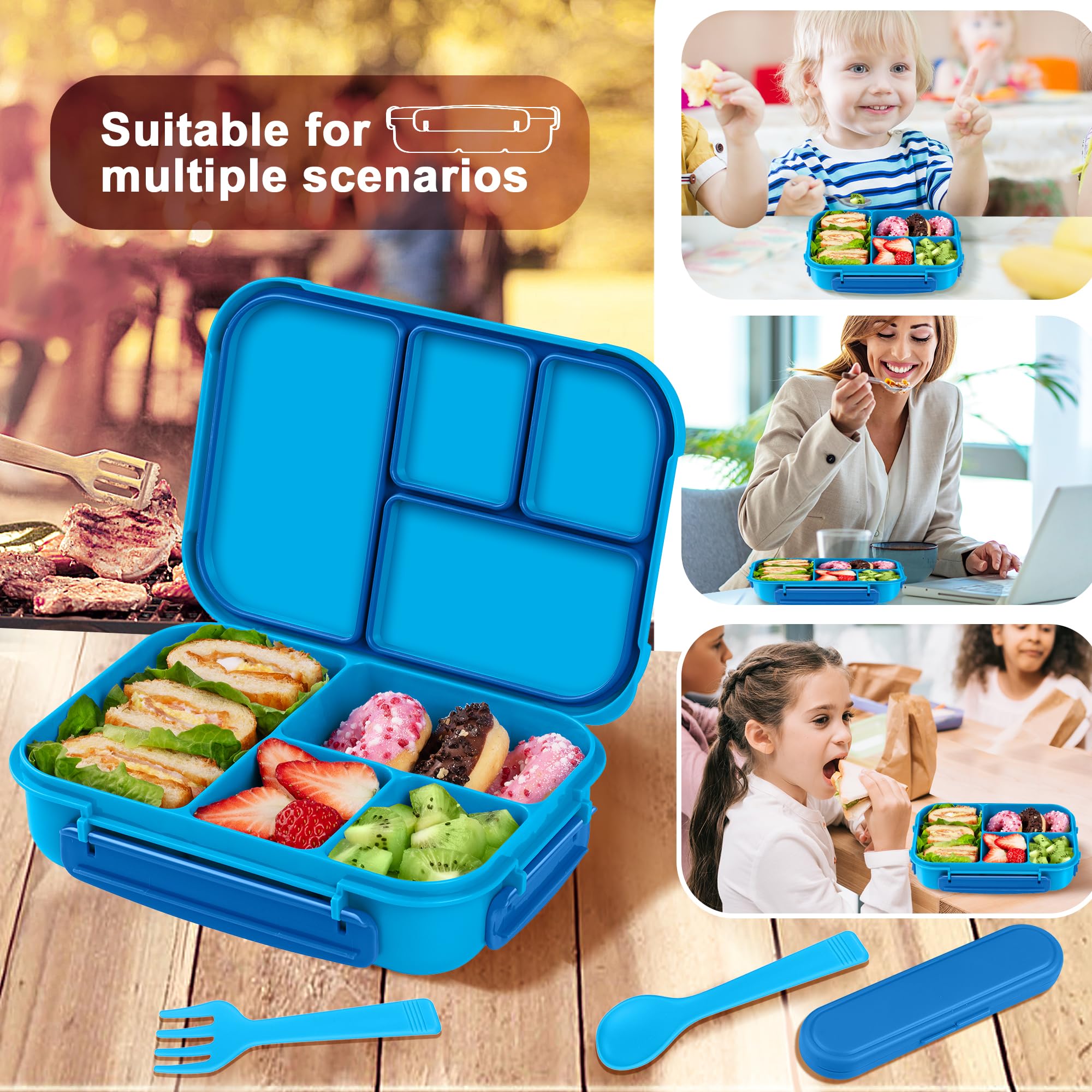 Leakproof Bento Lunch Box for Kids & Adults - 1200ML 4-Compartment Microwave, Dishwasher & Freezer Safe Food Container with Utensils (Blue) - Ideal for School, Office, Picnics & Meal Prep