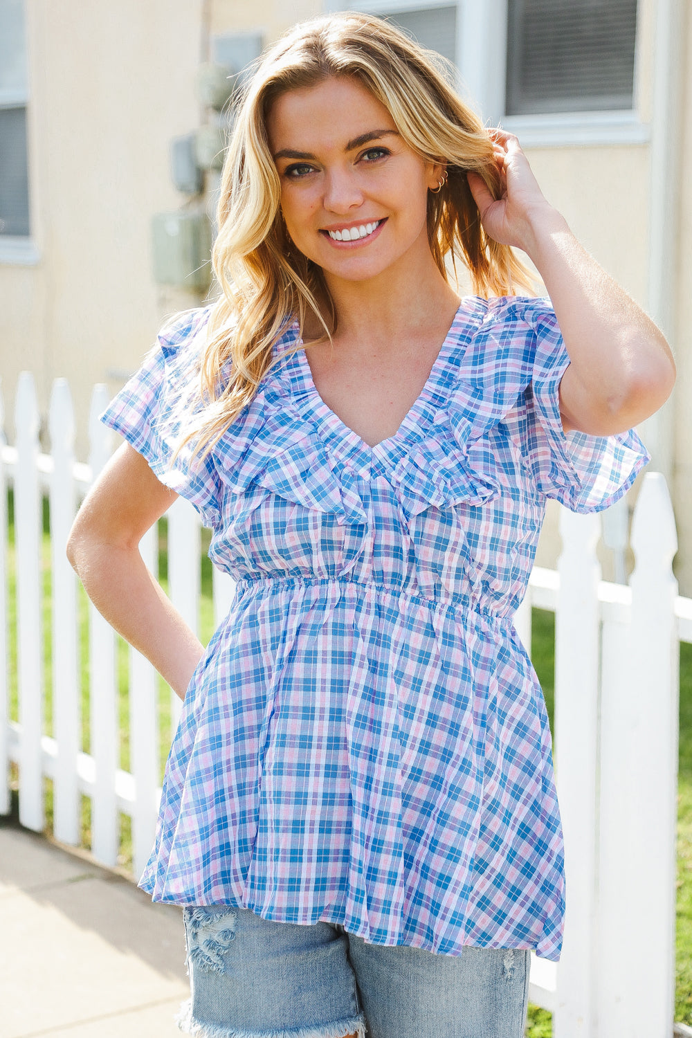 Stylish Blue Plaid V-Neck Ruffle Elastic Babydoll Top for Women - Perfect for Casual Outings, Dates & Summer Fashion
