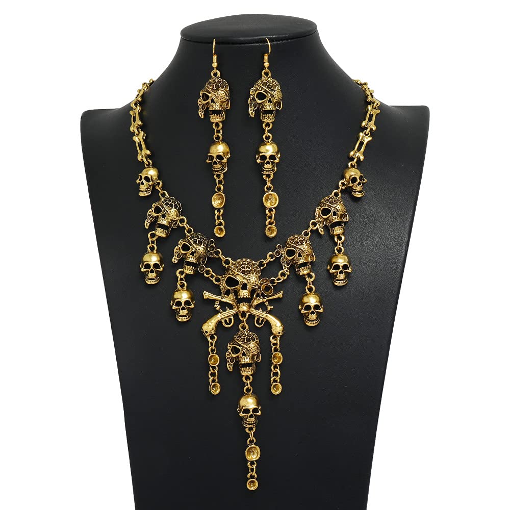 Halloween Skeleton Skull Necklace & Drop Earrings Set - Gothic Ghost Hand Long Chain Women's Jewelry for Costume Parties, Cosplay & Spooky Fashion Accessories