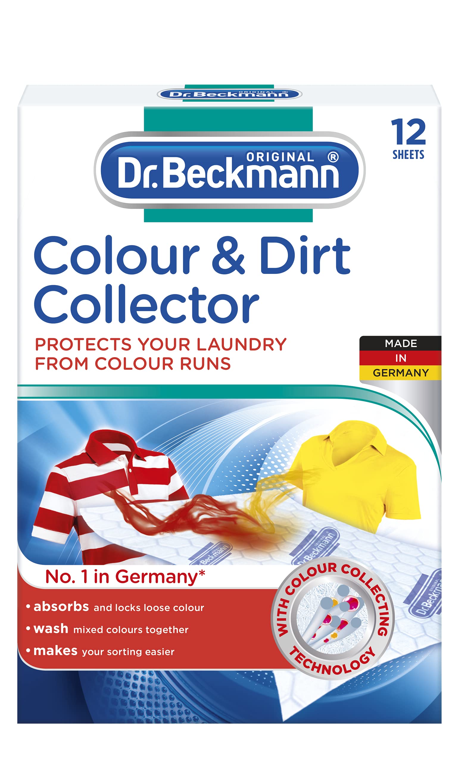 Dr. Beckmann Color & Dirt Collector Sheets for Washing Machine | 12 Advanced Laundry Protector Sheets with Microfiber & Color-Catching Technology | Long-Lasting Fabric Protection | Prevents Color Bleeding & Dirt Redeposition | Perfect for Mixed Loads, Dark Clothes & New Garments