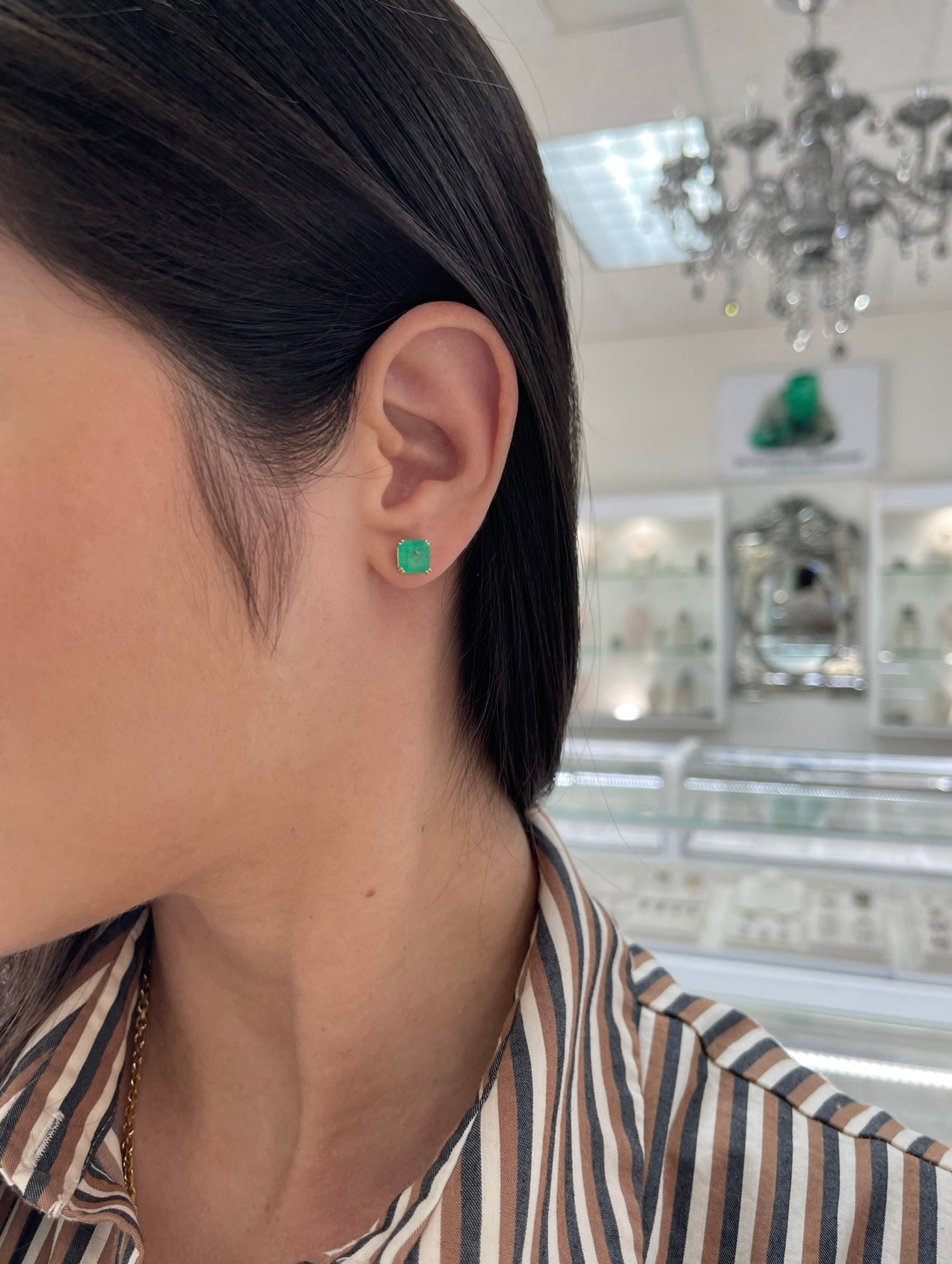 2.45tcw 7x7 Earthy Natural Asscher Cut Colombian Emerald Double Prong Stud Earrings in 14K Gold – Perfect for Weddings, Parties & Everyday Elegance