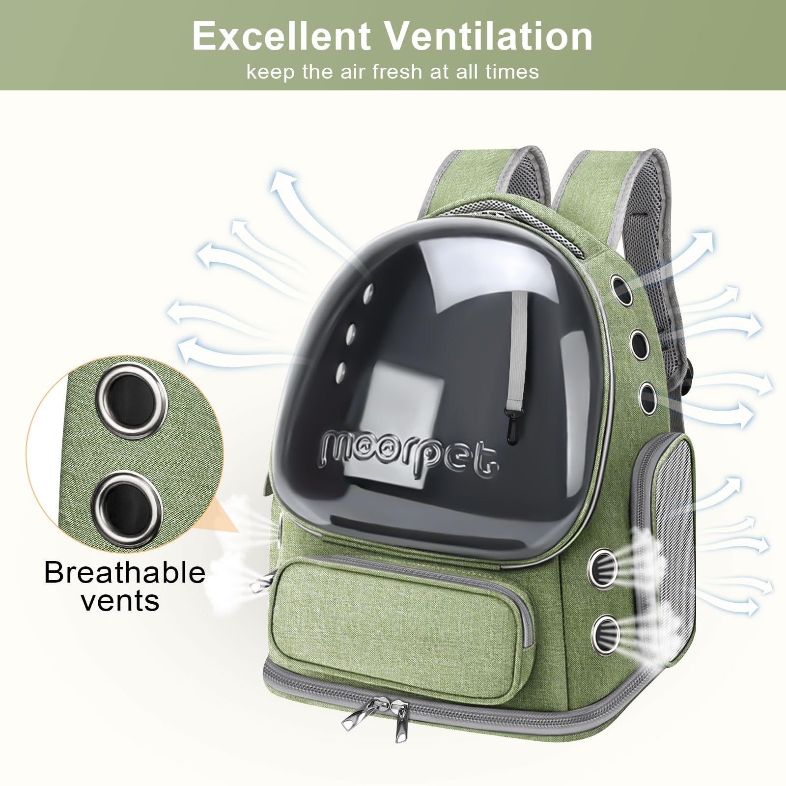 **Breathable Cat Backpack Carrier - Large Space Airline Approved Pet Travel Backpack for Cats & Small Dogs Up to 20 lbs, Foldable & Transparent Bubble Design (Green) - Perfect for Hiking, Travel & Vet Visits**