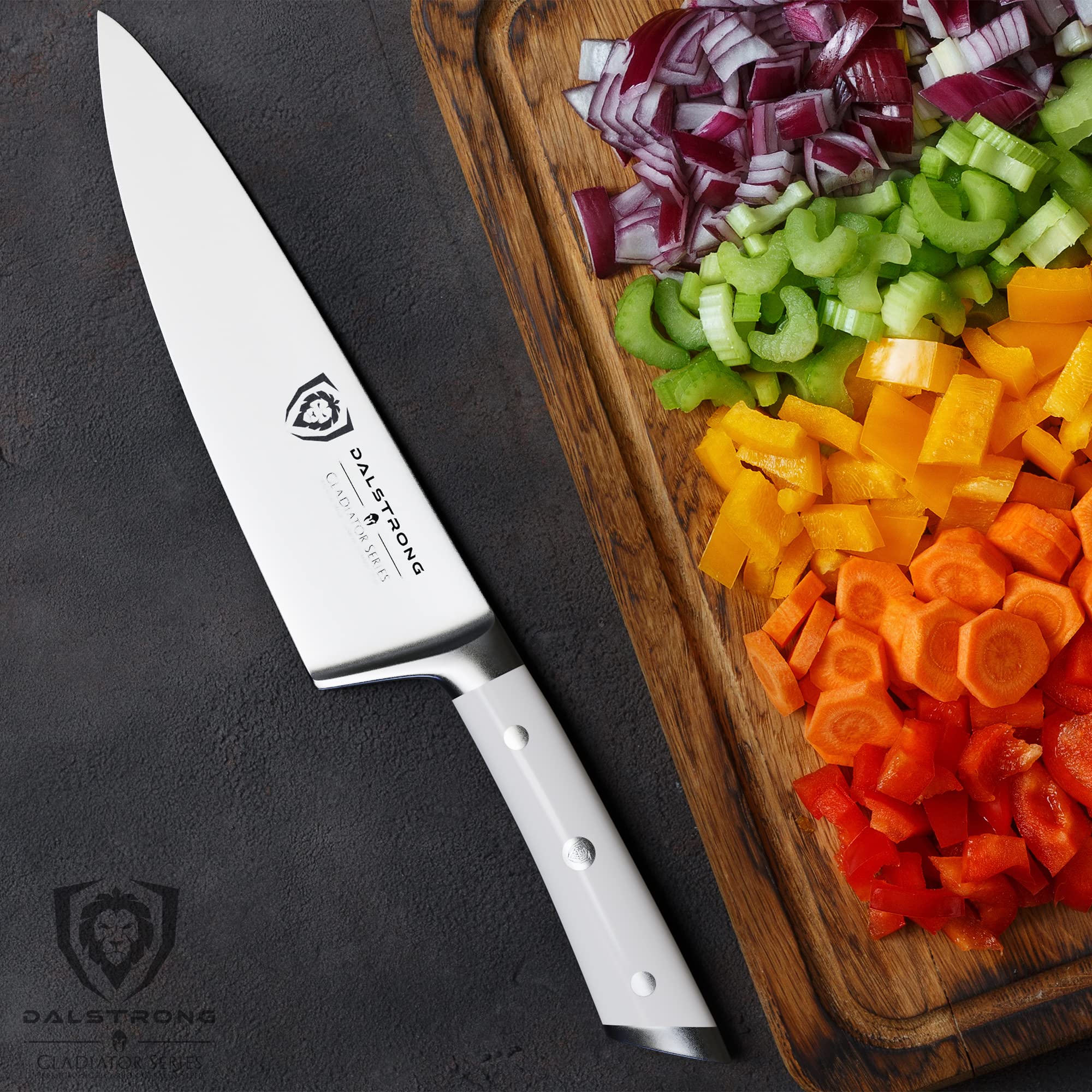 DALSTRONG 8-Inch Chef Knife - Gladiator Series - Forged High Carbon German Steel - Razor Sharp Professional Kitchen Knife - Full Tang Design - Glacial White ABS Handle - Includes Sheath - NSF Certified - Perfect for Slicing, Dicing, and Chopping Vegetables, Meat, and Herbs