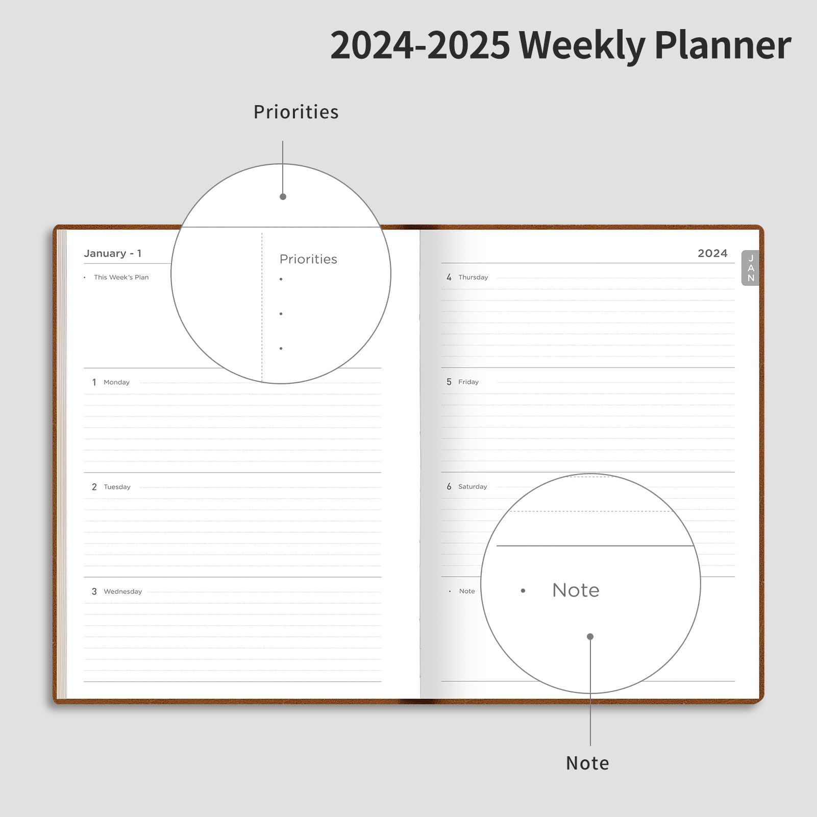 RETTACY 2024-2025 Planner - 18 Month Weekly & Monthly Calendar Organizer from Jan 2024 to Mar 2025 with 100 GSM Premium Acid-Free Paper, Leather Softcover, 8.5