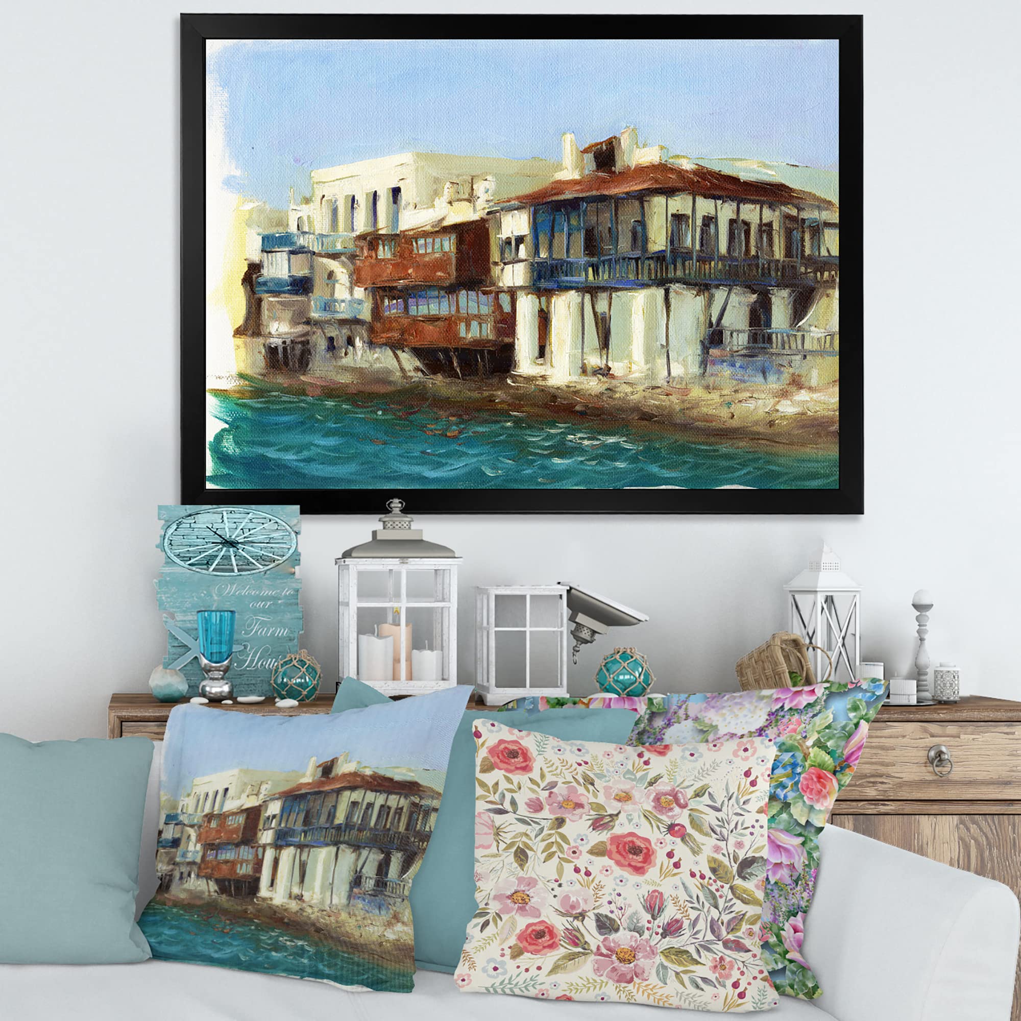 DesignQ Framed Wall Art - Old Houses in Mykonos Greece, Nautical Coastal Decor, Blue 32x32 - Perfect for Beach House, Living Room & Office Decor