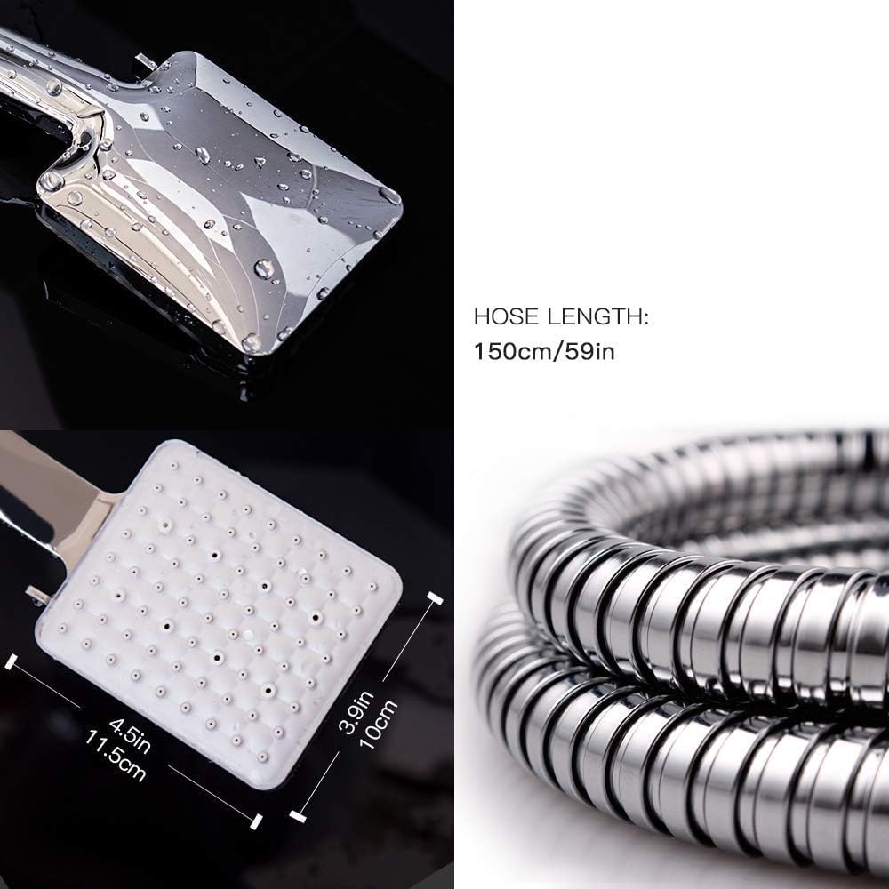 Newentor High Pressure Shower Head with 6 Spray Modes - Detachable Square Shower Head with Stainless Steel Hose & Adjustable Stand - Chrome Finish for Bathroom, Spa & RV Use