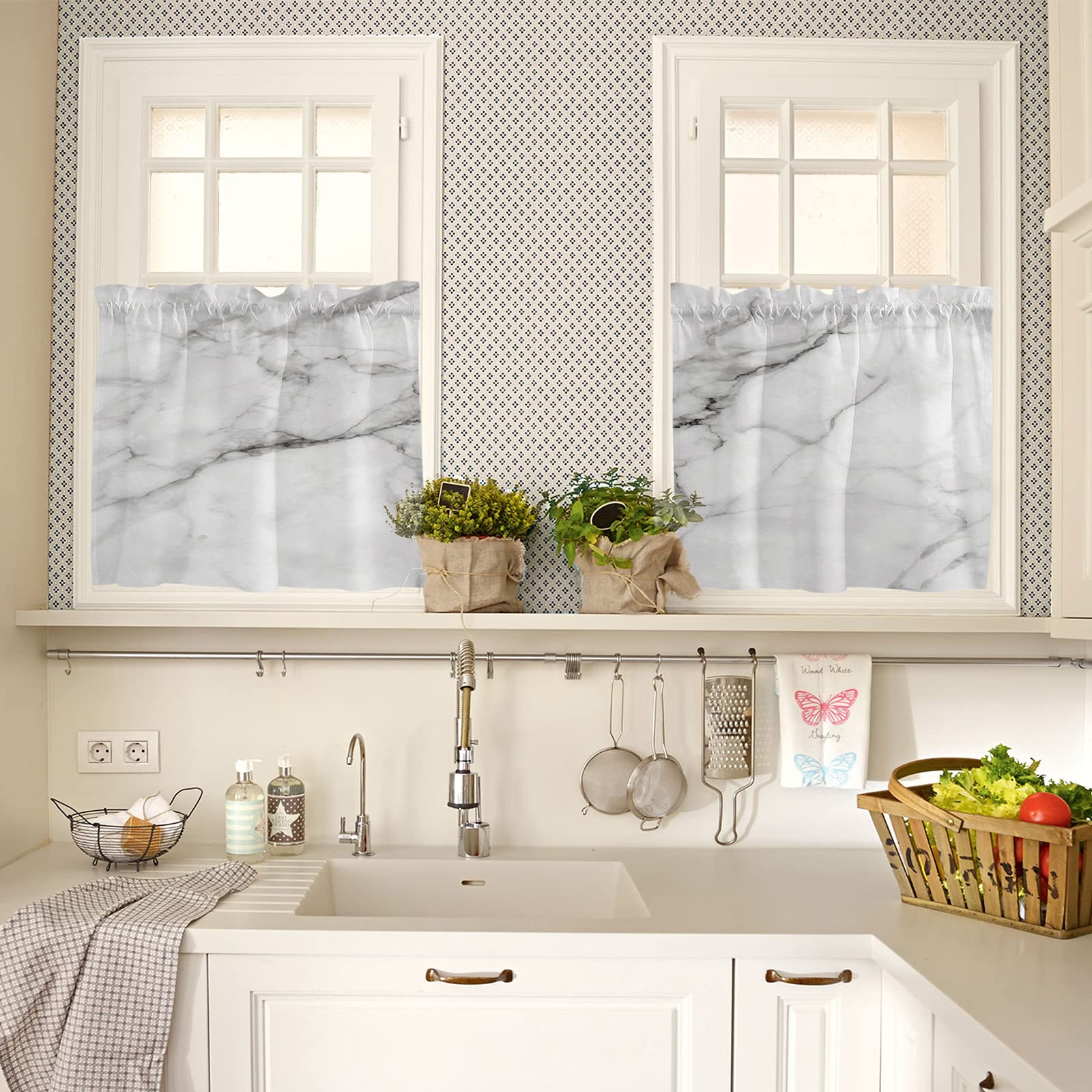Marble Crack Design Window Curtains Set of 2 - 55''x36'' White Tier Kitchen Drapes with Rod Pocket for Half Windows - Perfect for Bathroom, Cafe & Small Kitchen Decor