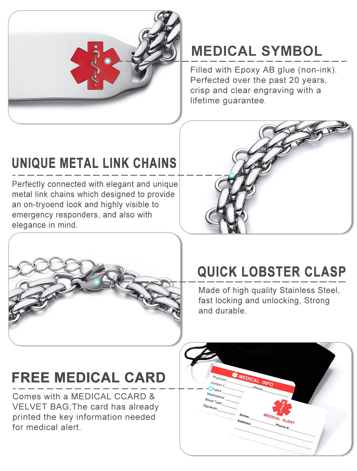 Personalized Stainless Steel Medical Alert Bracelets for Women & Men - Free Engraving, Adjustable & Waterproof Medic ID Bracelet - Ideal for Emergency Medical Identification, Daily Wear & Outdoor Activities
