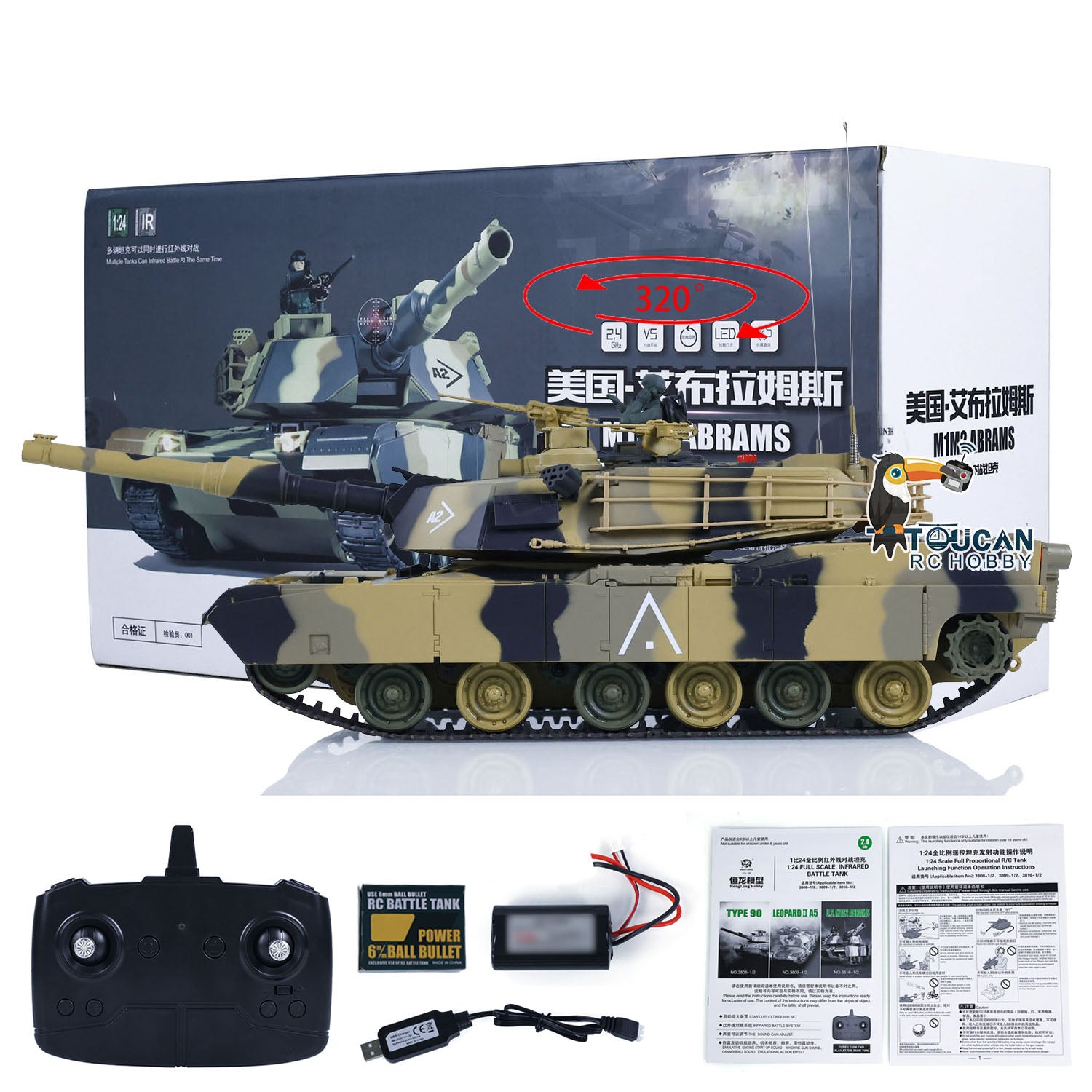 Heng Long 1/24 Scale RC Tank Abrams M1A2 3816 - 2.4GHz Remote Control Battle Vehicle, Realistic Military Panzer Simulation Model, Pre-Painted & Assembled - Perfect for Military Enthusiasts, Collectors and RC Battle Games