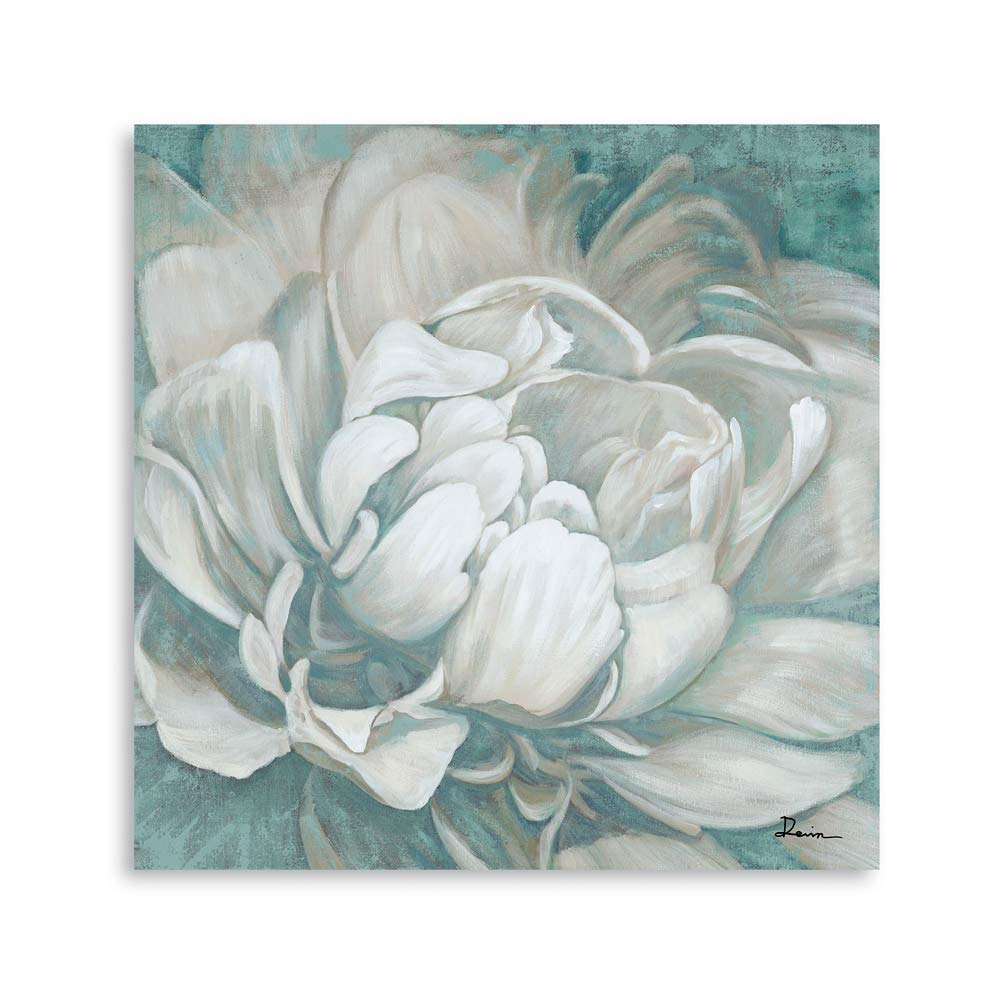 Dark Teal Floral Canvas Wall Art - 24x24 Inch Framed Abstract Painting for Bathroom, Bedroom & Living Room Decor | Modern Gray & White Flower Wall Decor for Home & Kitchen Accessories