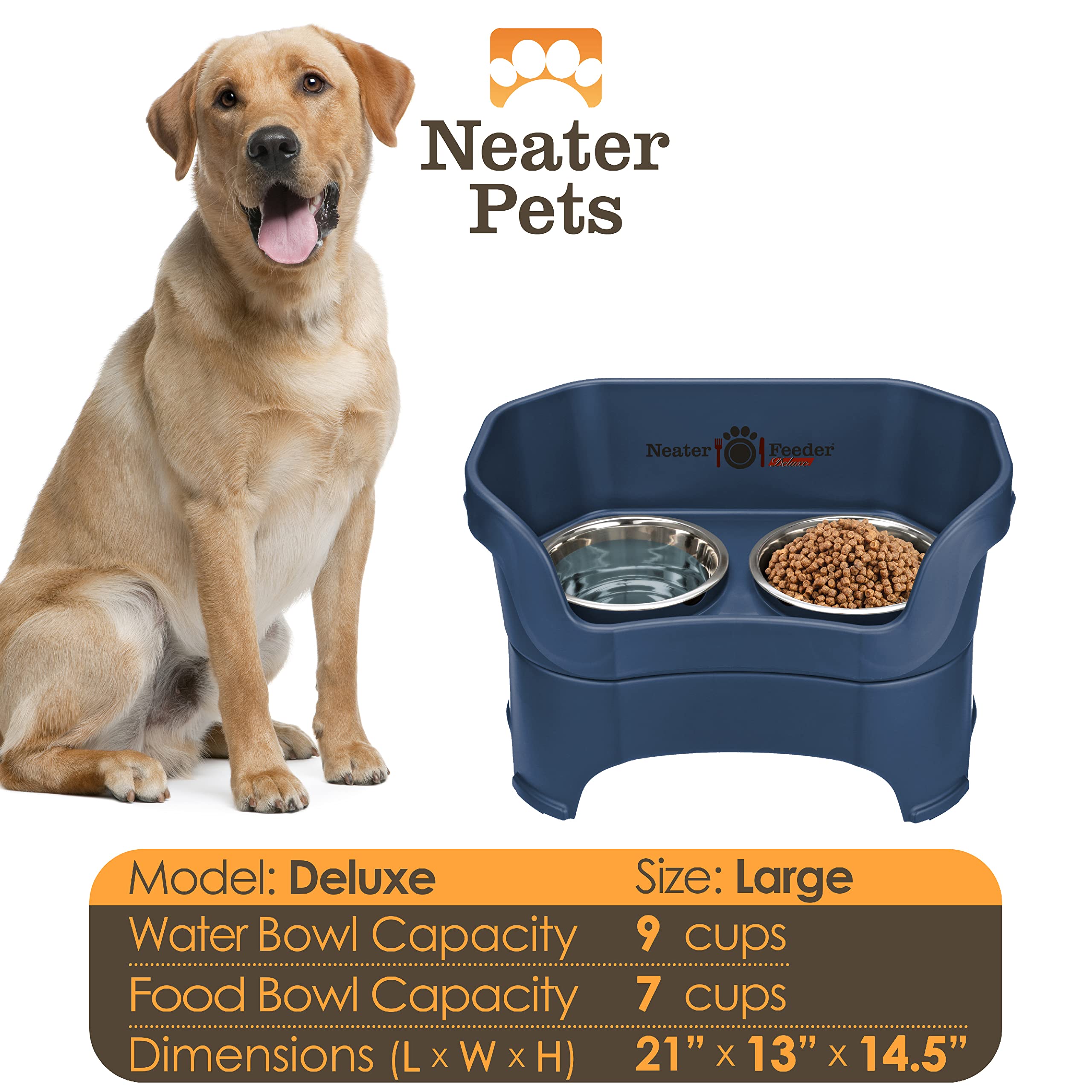 Neater Feeder Deluxe Elevated Dog Bowls for Large Breeds – No Spill Stainless Steel Pet Food & Water Bowl Set – Mess Proof Feeding Station (Dark Blue, Made in USA) – Perfect for Indoor/Outdoor Use & Easy Cleanup