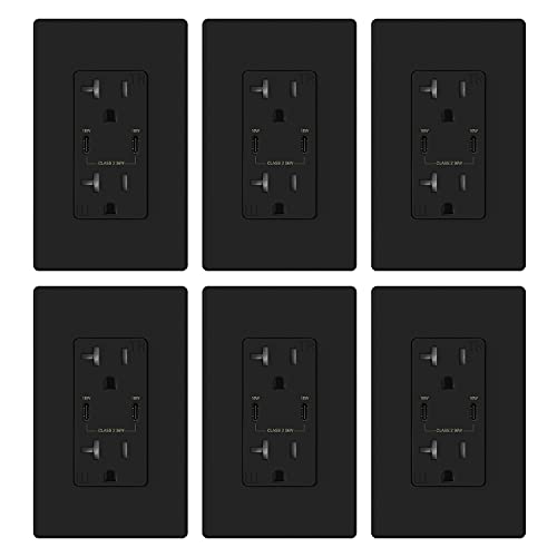 ELEGRP 36W PD 2.0 USB Wall Outlet with Dual Type C Ports - Fast Charging for iPhone, iPad, Samsung, LG, HTC & Android Devices - 20Amp USB Receptacle with Wall Plate (6 Pack, Black) - UL Listed - Perfect for Home, Office & Hotel Charging Stations