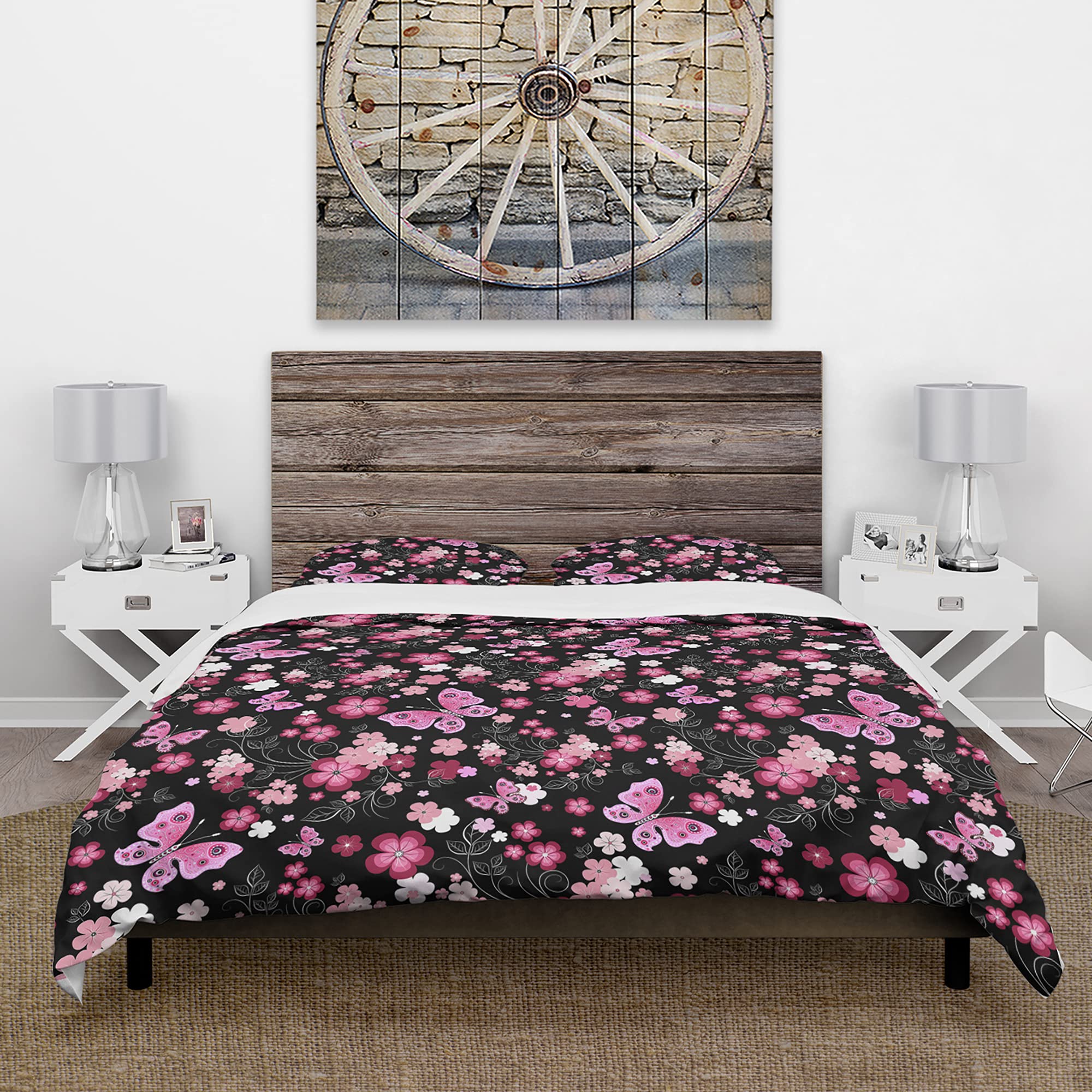 Pink Floral Duvet Cover Set with Elegant Butterfly Design - Queen Size Bedding for Girls' Room & Boho Chic Bedroom Decor