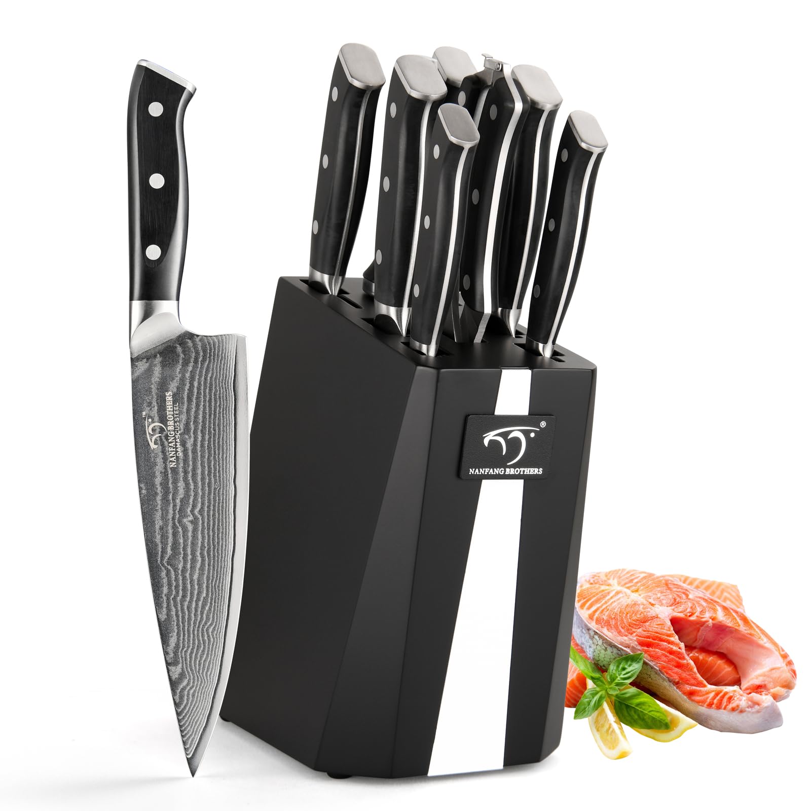 Premium 9-Piece Damascus Steel Knife Set with Block - Chef Knives, Sharpener & Kitchen Shears - Ergonomic ABS Handles for Comfort & Precision - Perfect for Home Chefs, Cooking Enthusiasts & Professional Kitchens