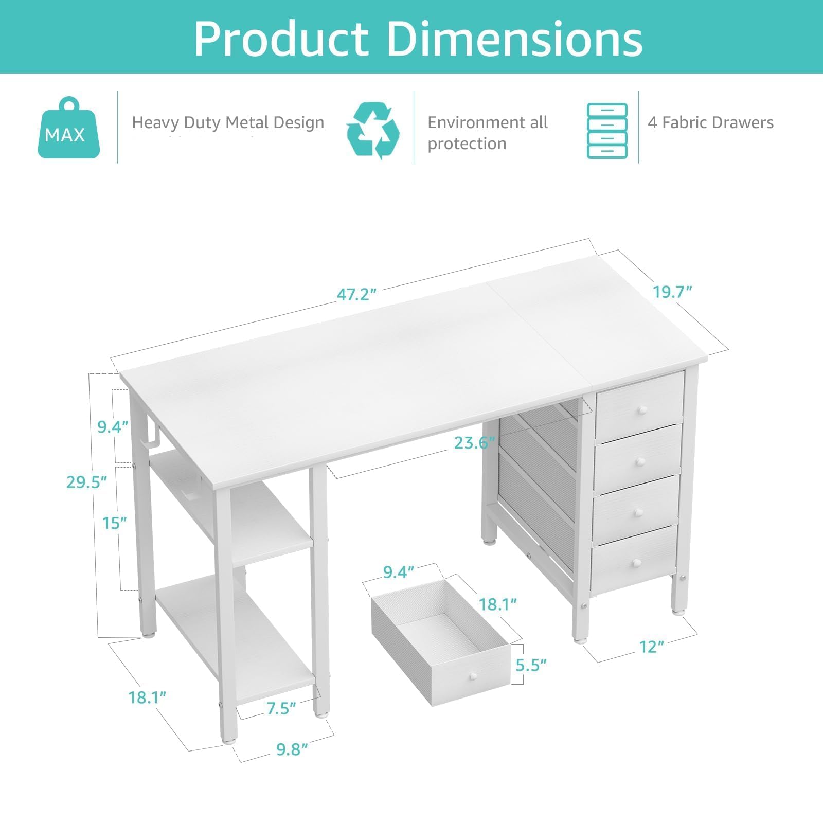 Lufeiya 47 Inch White Modern Study Desk with Drawers & Storage Shelves - Home Office Writing Table for Bedroom, Computer Workstation | Perfect for Small Spaces, Remote Work & Online Classes