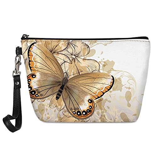 Vintage Gold Butterfly Makeup Bag - Personalized Cosmetic Clutch Pouch with Wristlet Strap for Women & Girls | Perfect for Travel, Bridal Shower, Birthday Gifts & Everyday Use