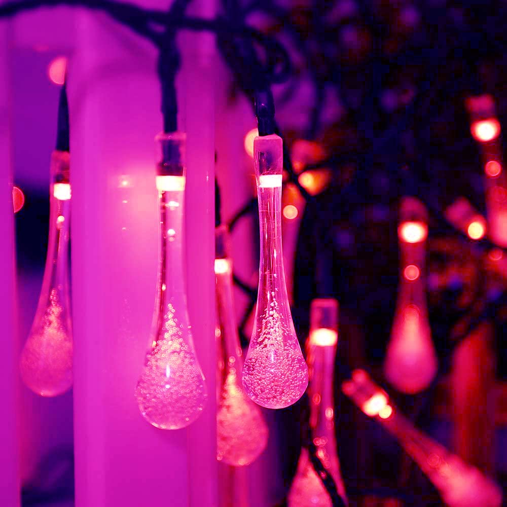 WONFAST 20ft 30LED Solar Outdoor String Lights - Waterproof Crystal Water Drop Fairy Lights for Garden, Patio, Wedding & Christmas Decor (Pink) | Solar Powered Party Lights for Outdoor Decoration & Festive Events