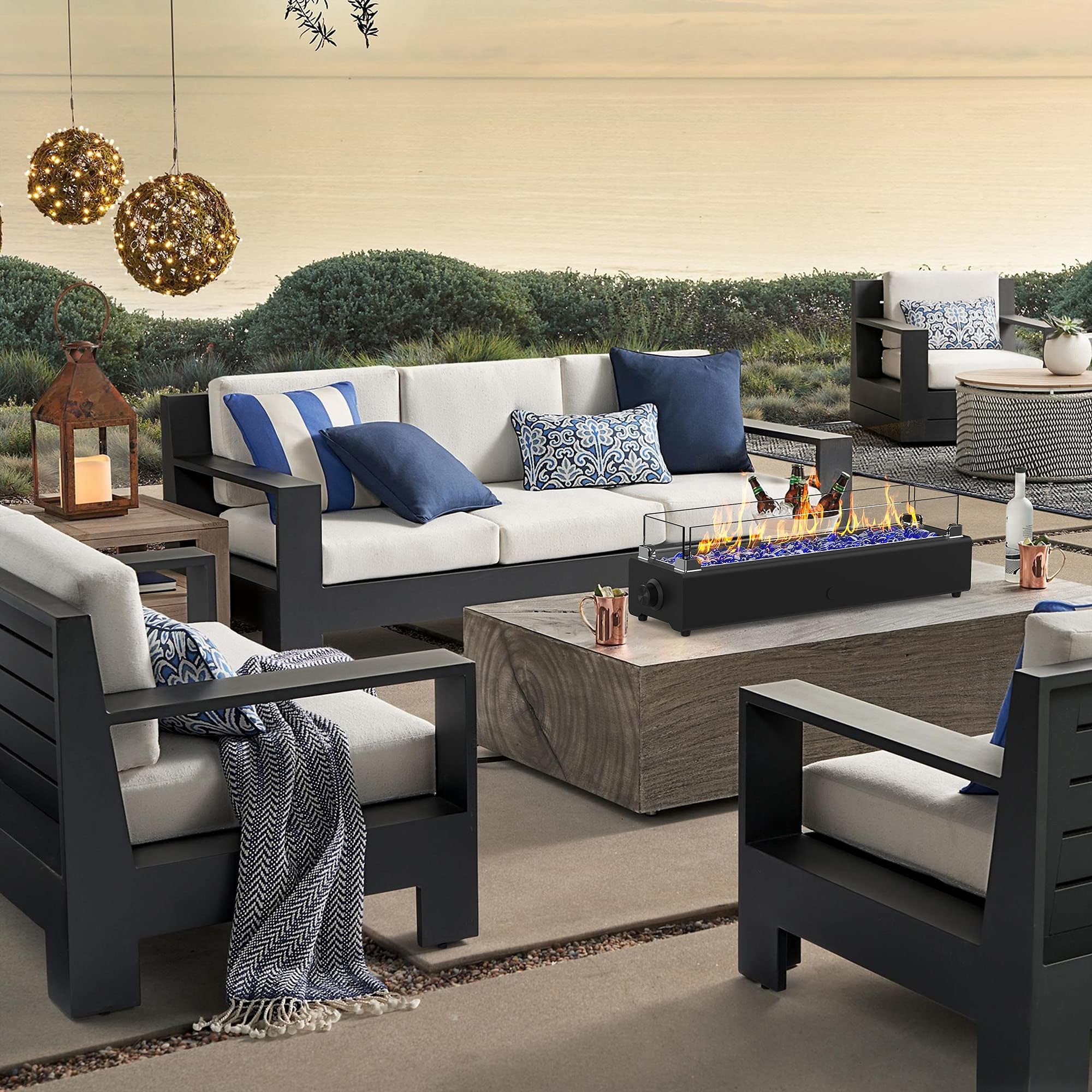 28-Inch Black Table Top Propane Fire Pit - 40,000 BTU Outdoor Portable Fireplace with Windproof Glass Shield & Decorative Glass Rocks - Perfect for Patio, Deck, Backyard, and Camping Gatherings