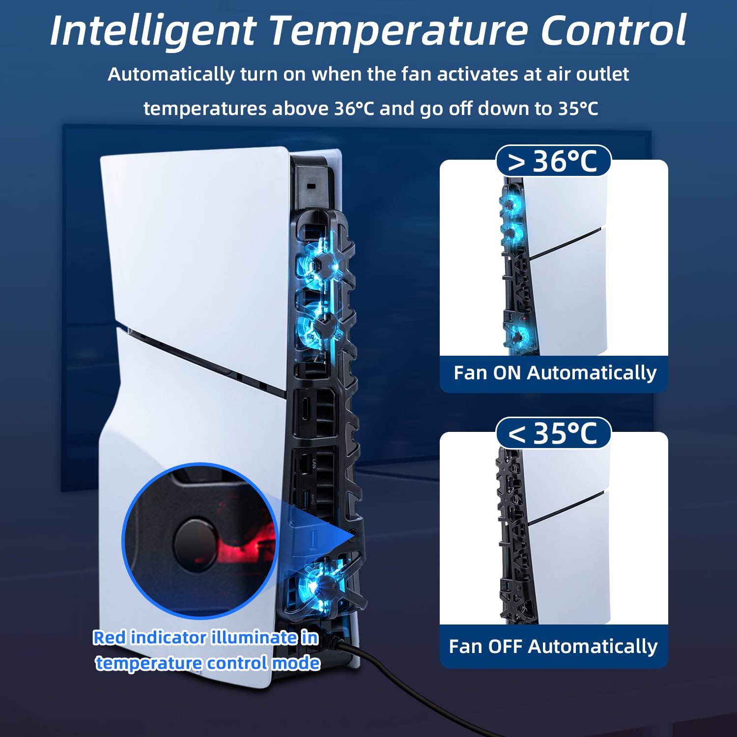 RGB Cooling Fan for PS5 Slim - 3 Fast Cooling Fans with Intelligent Temperature Control, Compatible with PS5 Slim DE/UHD (Not for PS5/PS5 Pro) - Perfect for Gaming Sessions and Overheating Prevention