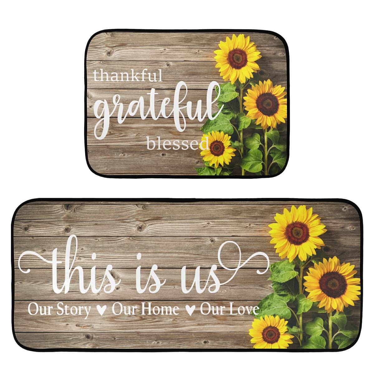 Sunflower Non-Slip Washable Kitchen Rugs Set of 2 - Absorbent Floor Mats for Kitchen, Living Room & Entryway - Home Decor with Anti-Skid Backing (US Grateful Collection) - Perfect for Farmhouse Style Homes & High Traffic Areas
