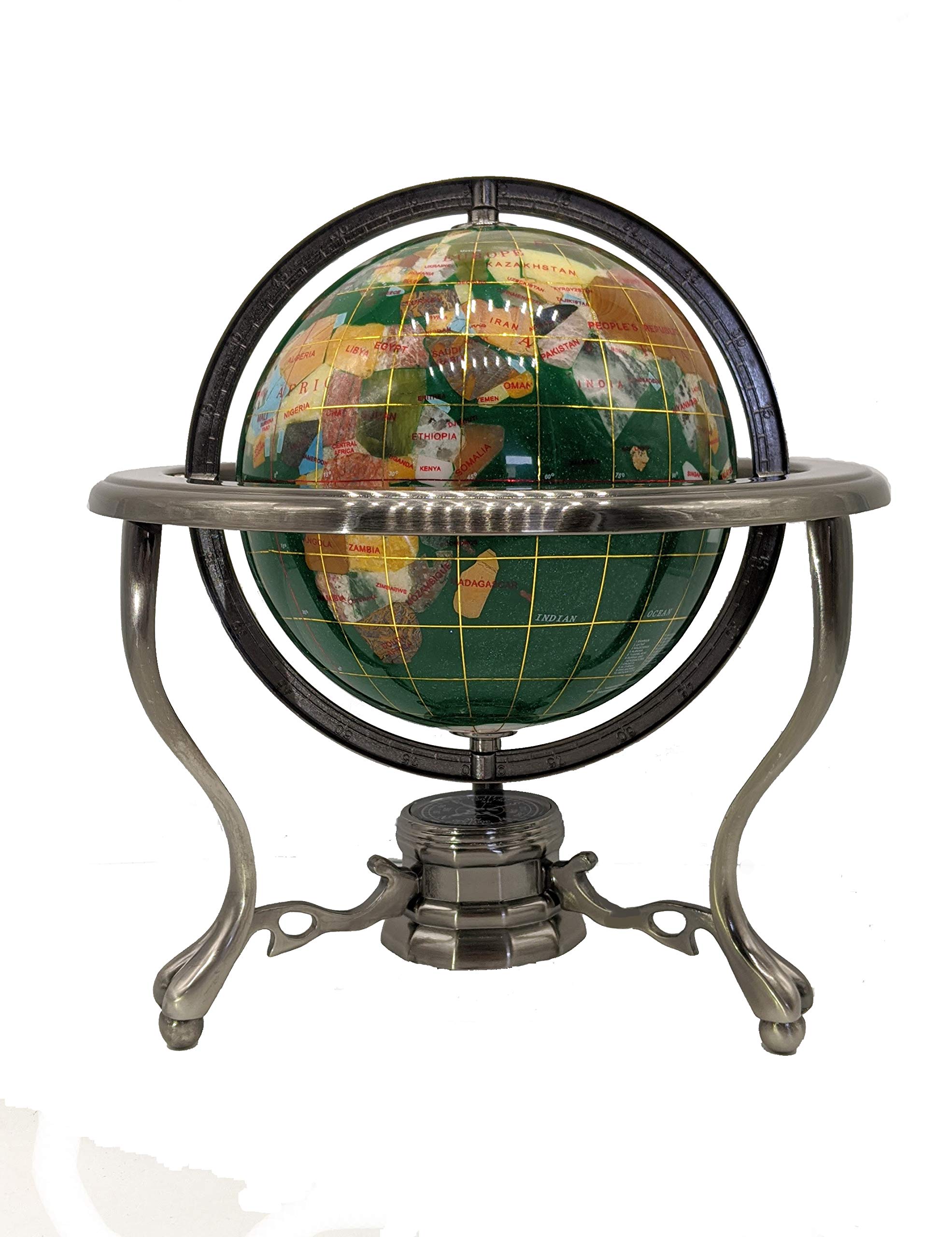 10-Inch Tall Green Crystal and Pearl Ocean Gemstone World Globe with Silver Tripod Stand - Unique Art Tabletop Decor for Home, Office, or Gift - Perfect for Earth Day, Geography Enthusiasts & Meditation Spaces