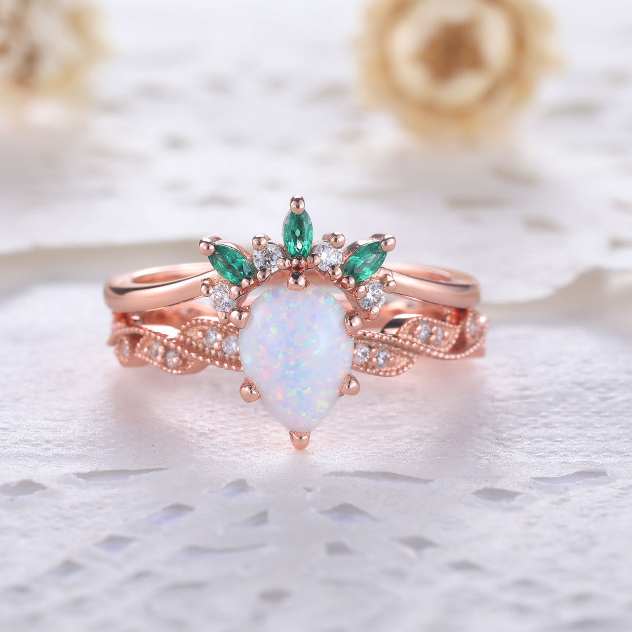 Opal Ring Set for Women - Pear Cut Opal Engagement Ring with Emerald Diamond Matching Band in Rose Gold | Wedding, Anniversary & Special Occasion Jewelry Gift