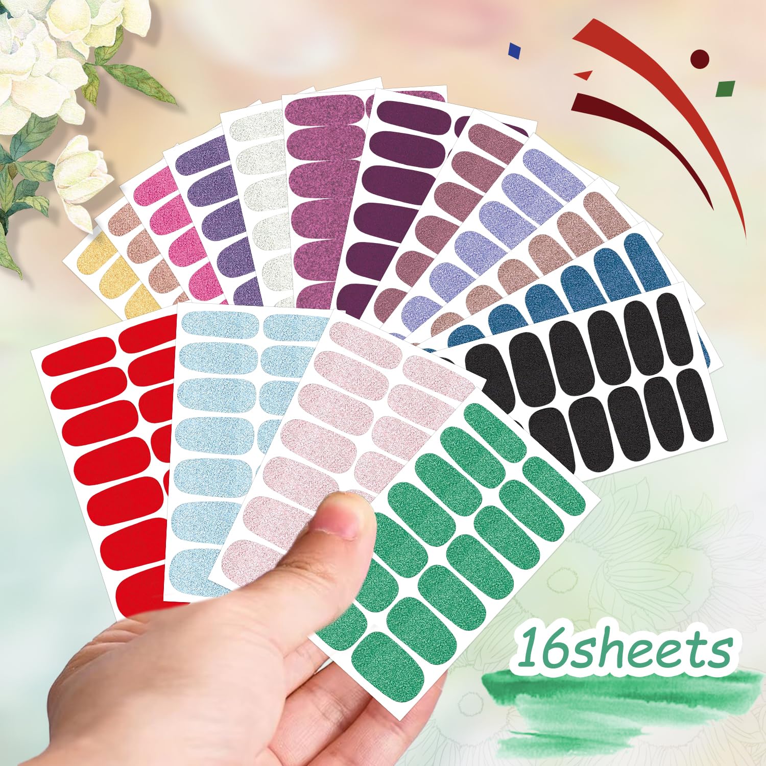 DANNEASY 16 Sheets Glitter Nail Polish Strips - Self Adhesive Nail Wraps & Stickers for Women - Gel Nail Art Accessories with Nail File & Cuticle Stick (Bright Colors) - Perfect for Parties, Weddings, Holidays & DIY Manicures at Home
