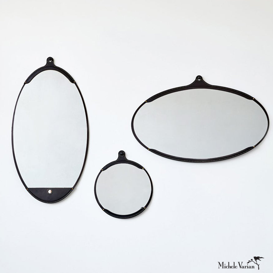 Stylish Black Leather Long Oval Mirror - Elegant Wall Decor for Living Room, Bedroom & Entryway