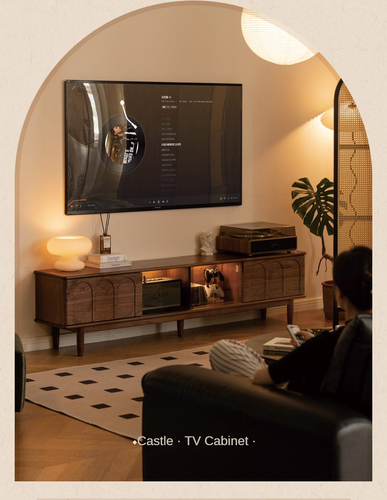 Solid Black Walnut Wood Retro TV Stand with Large Storage | Vintage Entertainment Center for Living Room & Home Theater