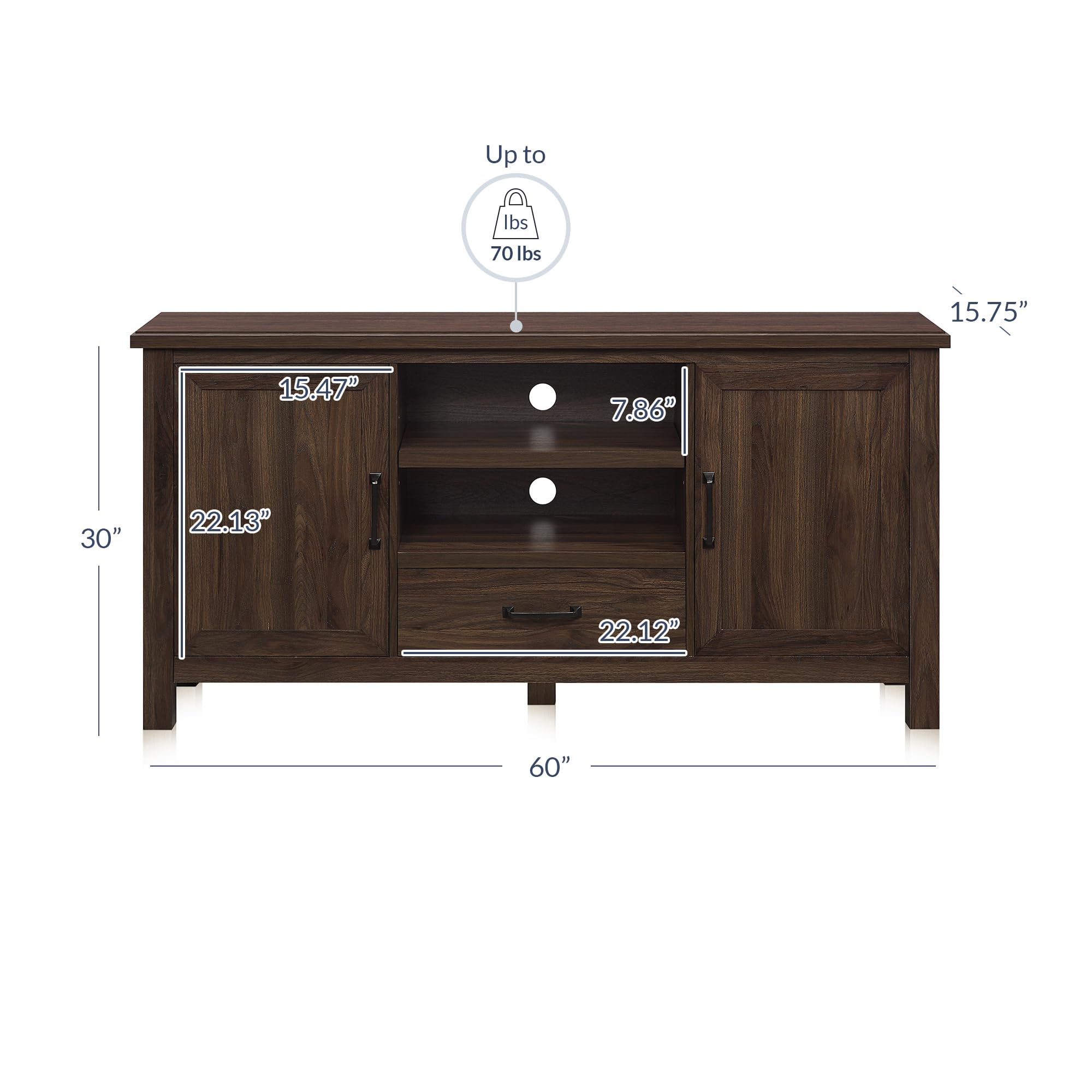 BELLEZE 60 Inch Modern Farmhouse TV Stand Entertainment Center for 65 Inch TVs, Dark Walnut Buffet Storage Cabinet with Shelves - Perfect for Living Room, Bedroom & Home Theater Setup