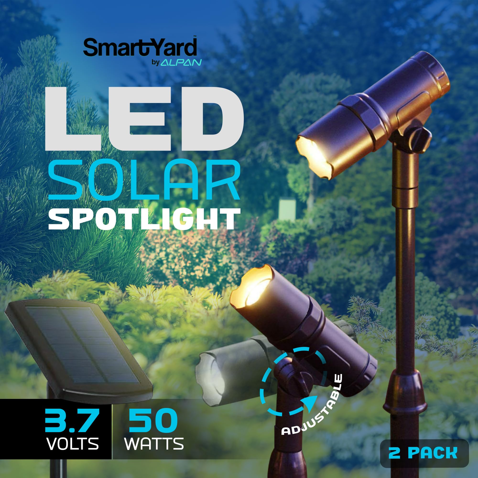 2 Pack LED Solar Spotlight - 50 Lumens Adjustable Height Waterproof Outdoor Lights for Yard, Garden, Patio with 15