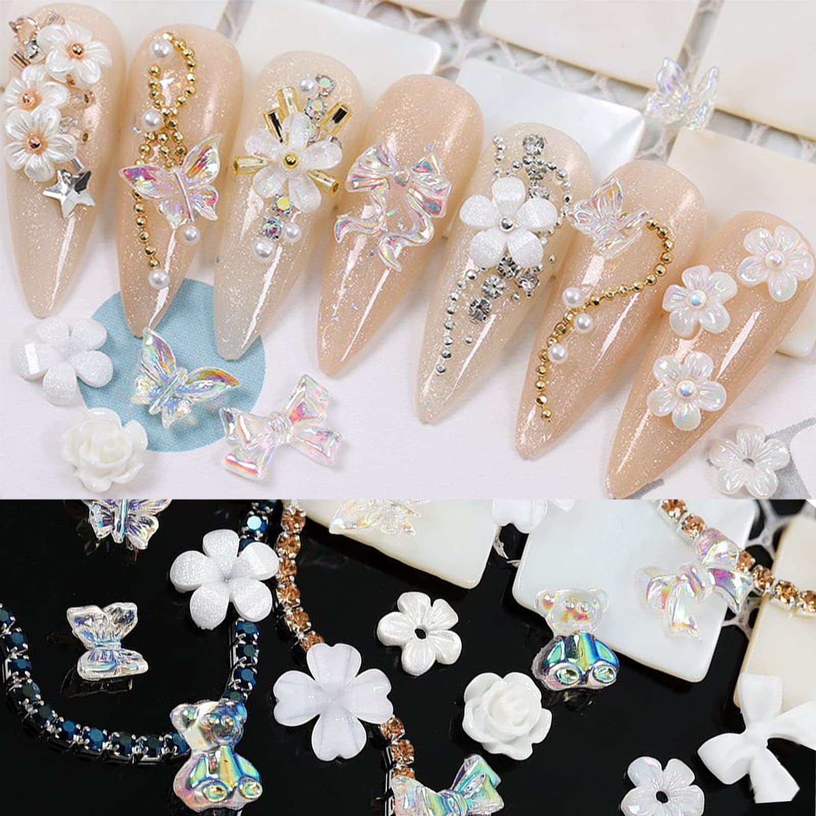 RODAKY 3D Nail Charms - Butterfly, Flower & Bear Nail Art Decorations with Diamonds, Pearls & Rhinestones for Acrylic Nails | DIY Nail Design Crafts for Manicure, Pedicure & Salon Use