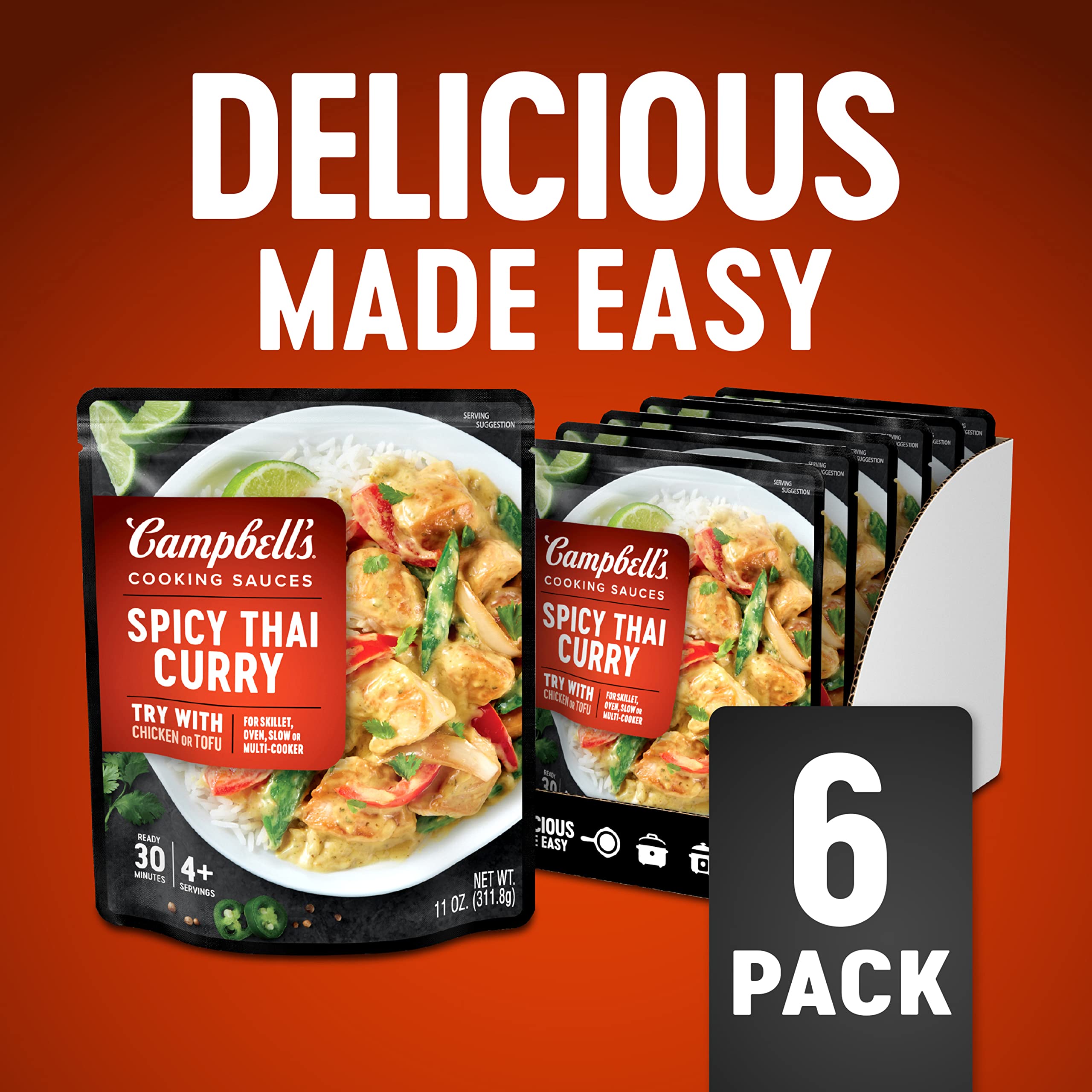 Campbell's Spicy Thai Curry Cooking Sauce - 11 Oz Pouch (Pack of 6) | Authentic Thai Flavors for Stir-Fry, Noodles & Rice Dishes | Quick & Easy Meal Solution