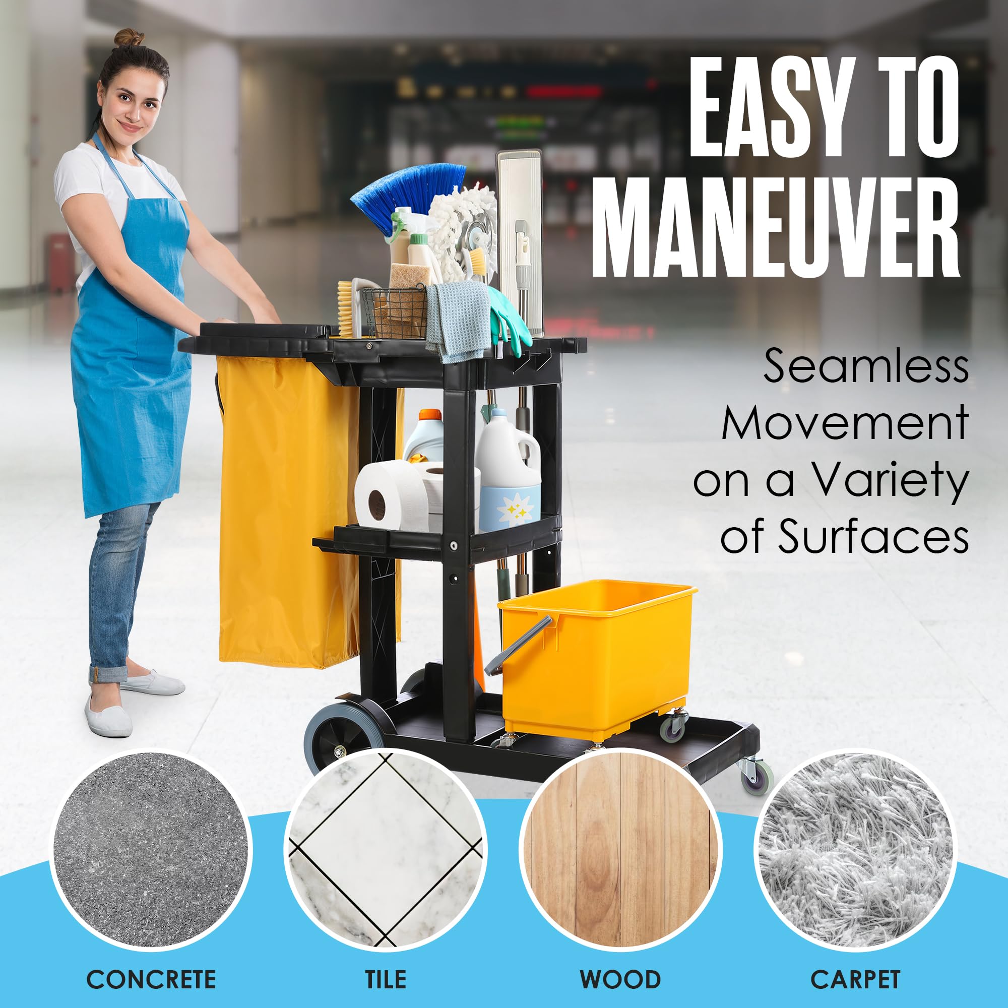 **Heavy-Duty Commercial Cleaning Cart with Wheels - 440 LB Capacity for Janitorial, Housekeeping & Maintenance Supplies - Ideal for Hotels, Schools & Offices**