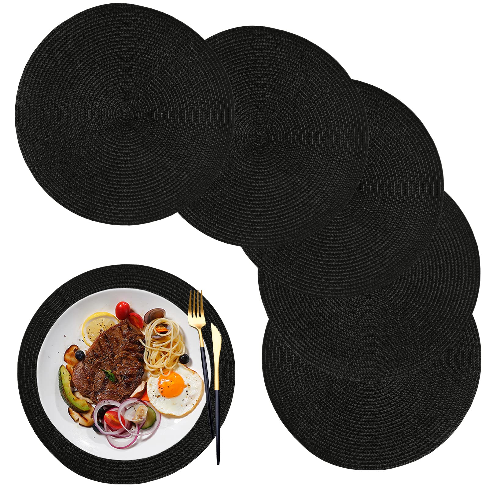 Premium Round Placemats Set of 6 - 12.6 Inch Washable & Heat Resistant Non-Slip Dining Table Mats (Black) - Perfect for Everyday Meals, Dinner Parties, and Holiday Gatherings