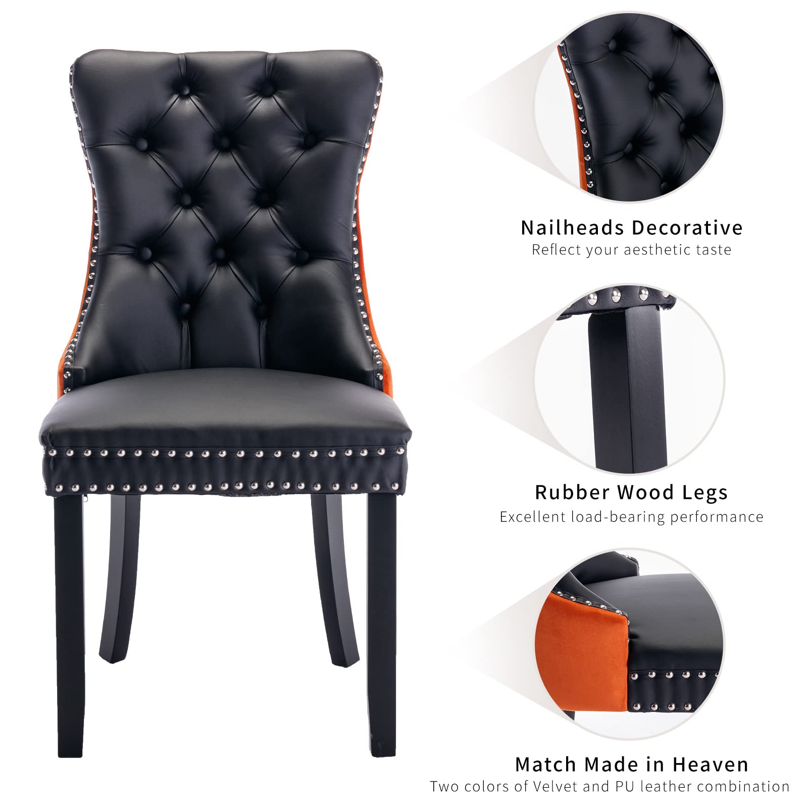 Luxury Velvet & PU Leather Dining Chairs Set of 6 - Tufted Upholstered Kitchen & Dining Room Chairs with Solid Wood Frame (Black & Orange) - Perfect for Modern Homes, Restaurants & Office Break Rooms