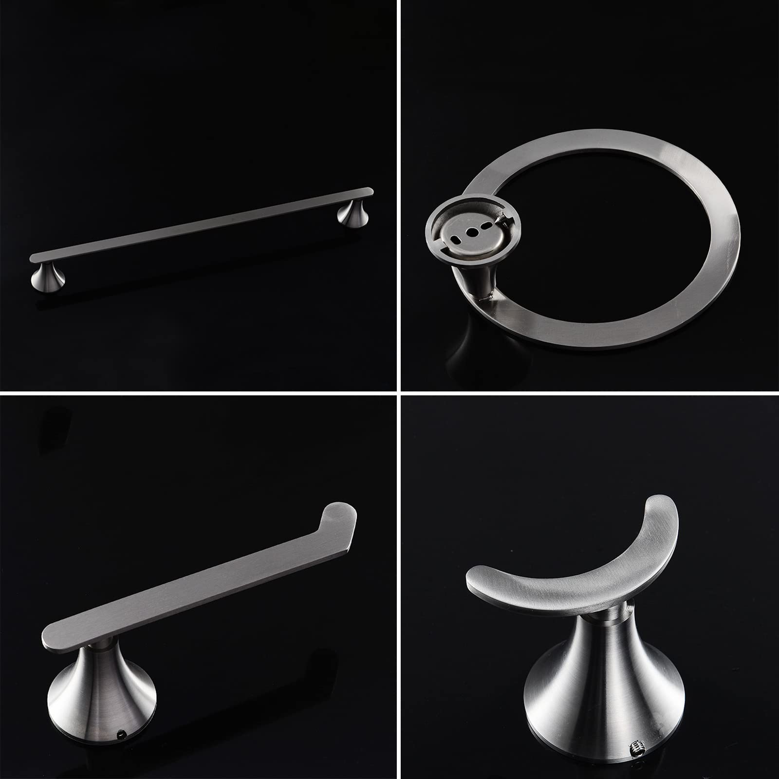 Brushed Nickel Bathroom Hardware Set - 4-Piece Wall Mounted Accessories (Toilet Paper Holder, Robe Hook, Towel Ring & Bar) - Durable 304 Stainless Steel - Perfect for Modern Bathroom Decor & Small Space Solutions