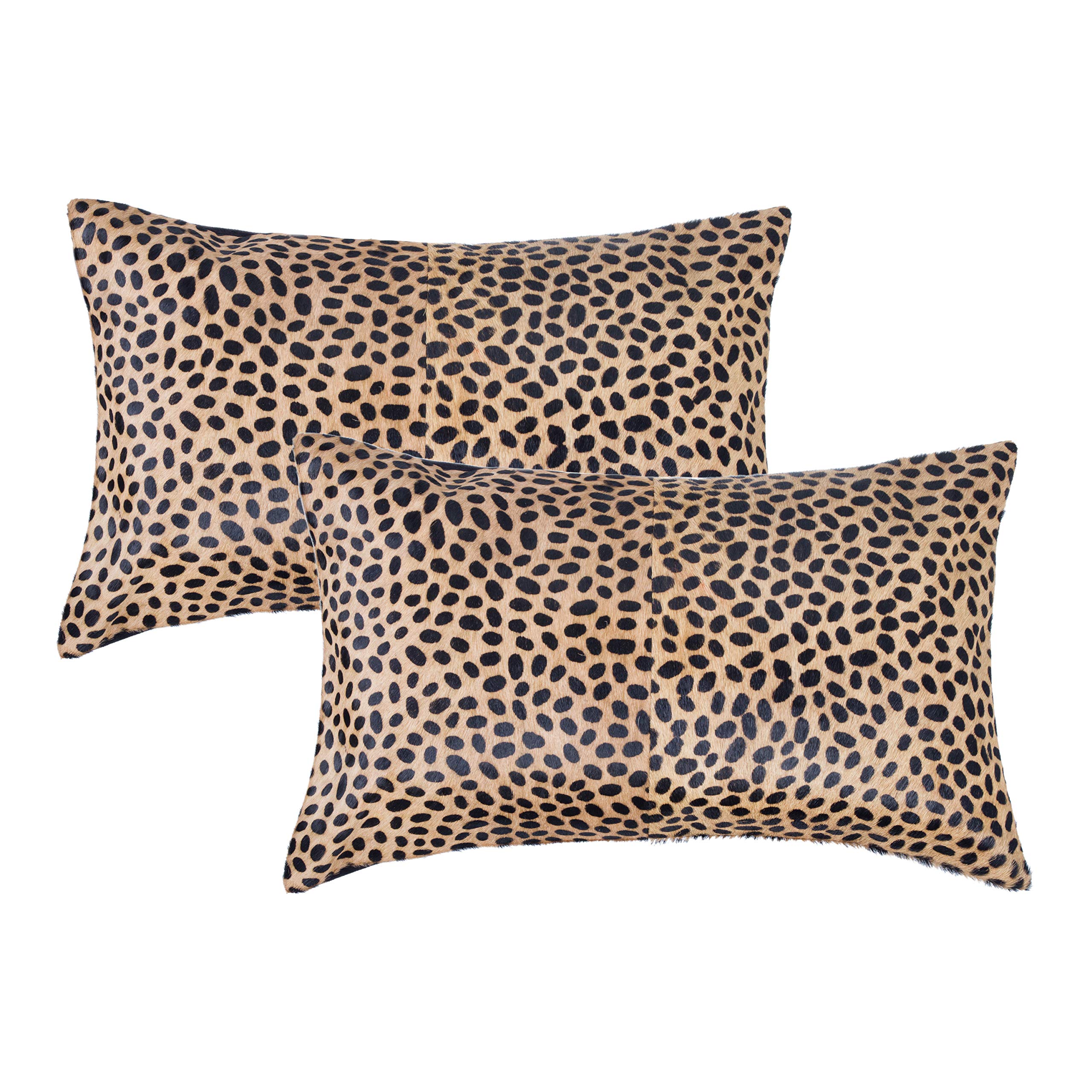 Premium Set of 2 Handmade 100% Cowhide Throw Pillows - 12x20 Inch Natural Torino Leather Cushions with Polyester Insert | Cheetah Print Accent Decor for Sofa, Bed & Living Room | Durable & Stylish Home Decor
