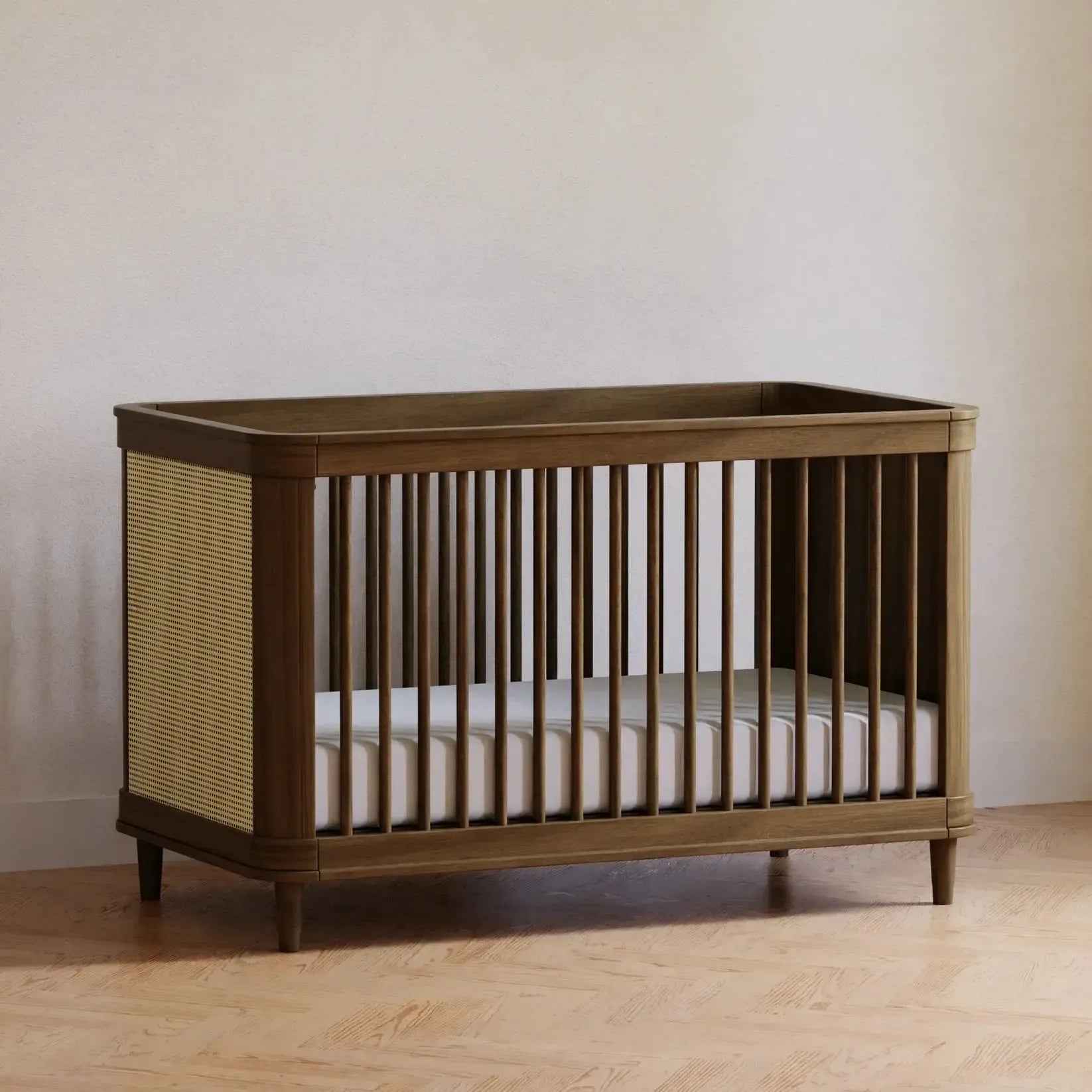 Namesake Marin Cane 3-in-1 Convertible Crib - Natural Walnut & Blonde Cane | Nursery Furniture for Baby Room, Toddler Bed & Daybed Conversion