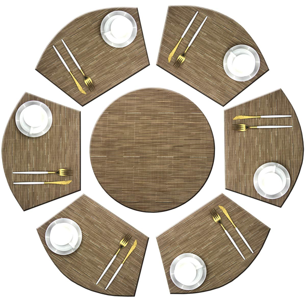 Bright Dream Wedge Placemats Set - 1 Round & 6 Wedge Vinyl Table Mats for Dining, Heat Resistant & Easy to Clean Woven Centerpiece (Khaki) - Perfect for Holiday Dinners, Family Gatherings & Formal Dining Decor