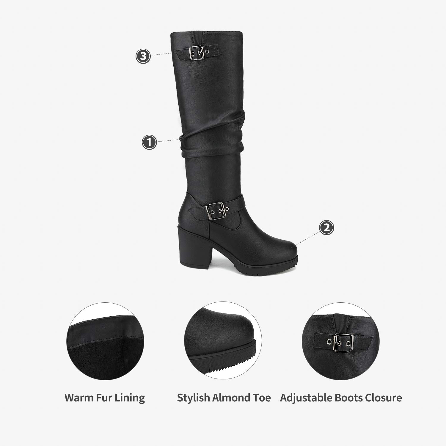 DREAM PAIRS Women's Chunky Heel Knee High Boots - Black Round Toe Side Zipper Winter Boots with Faux Fur Lining | Warm & Stylish for Cold Weather, Office, Party & Night Out