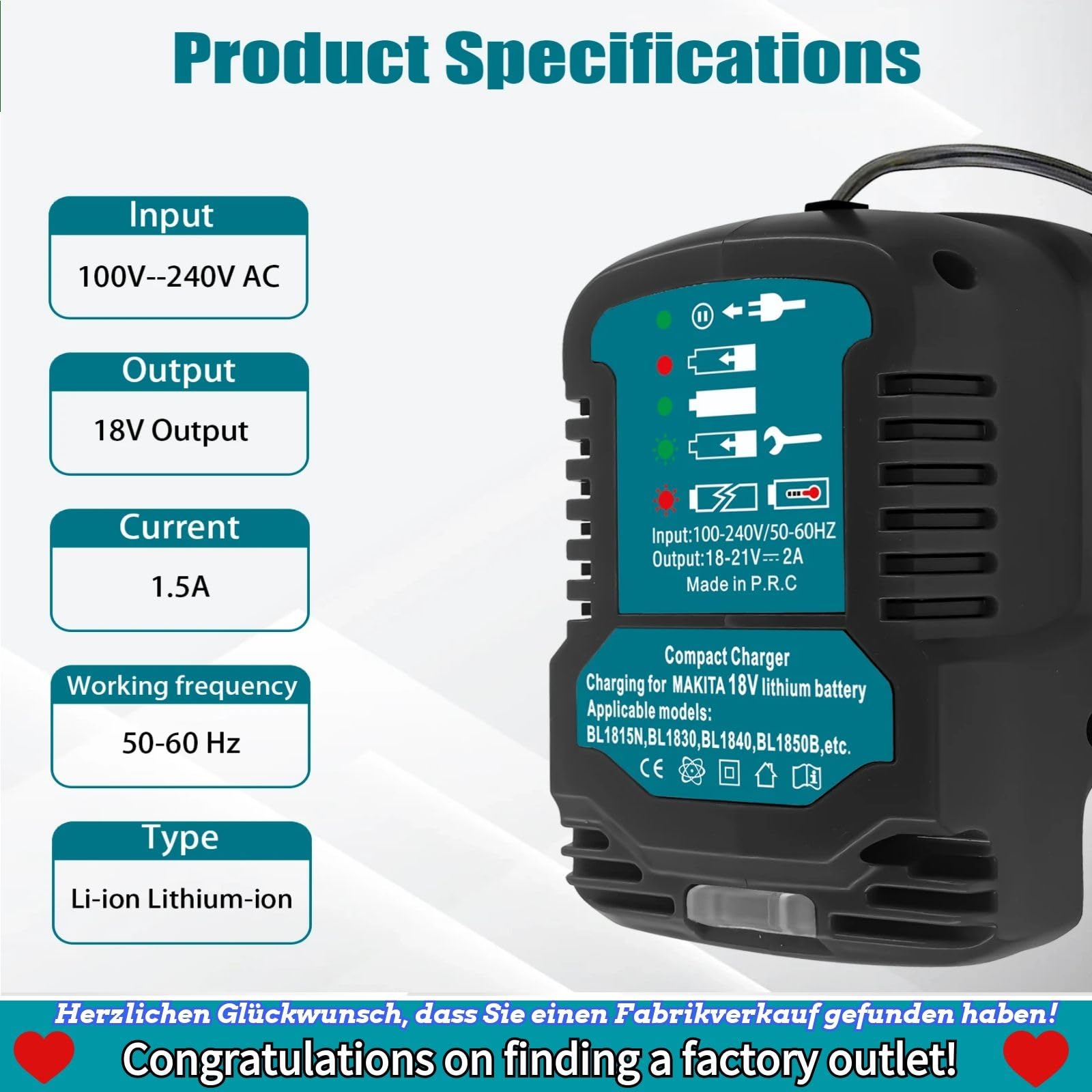 Makita 18V BL1850B BL1860 BL1830 BL1815 Battery Charger Replacement - DC18RC 18V Fast Charger, Compact Portable Power Tool Charger (For 18V Batteries Only) - Ideal for Construction Sites, DIY Projects & Home Workshops