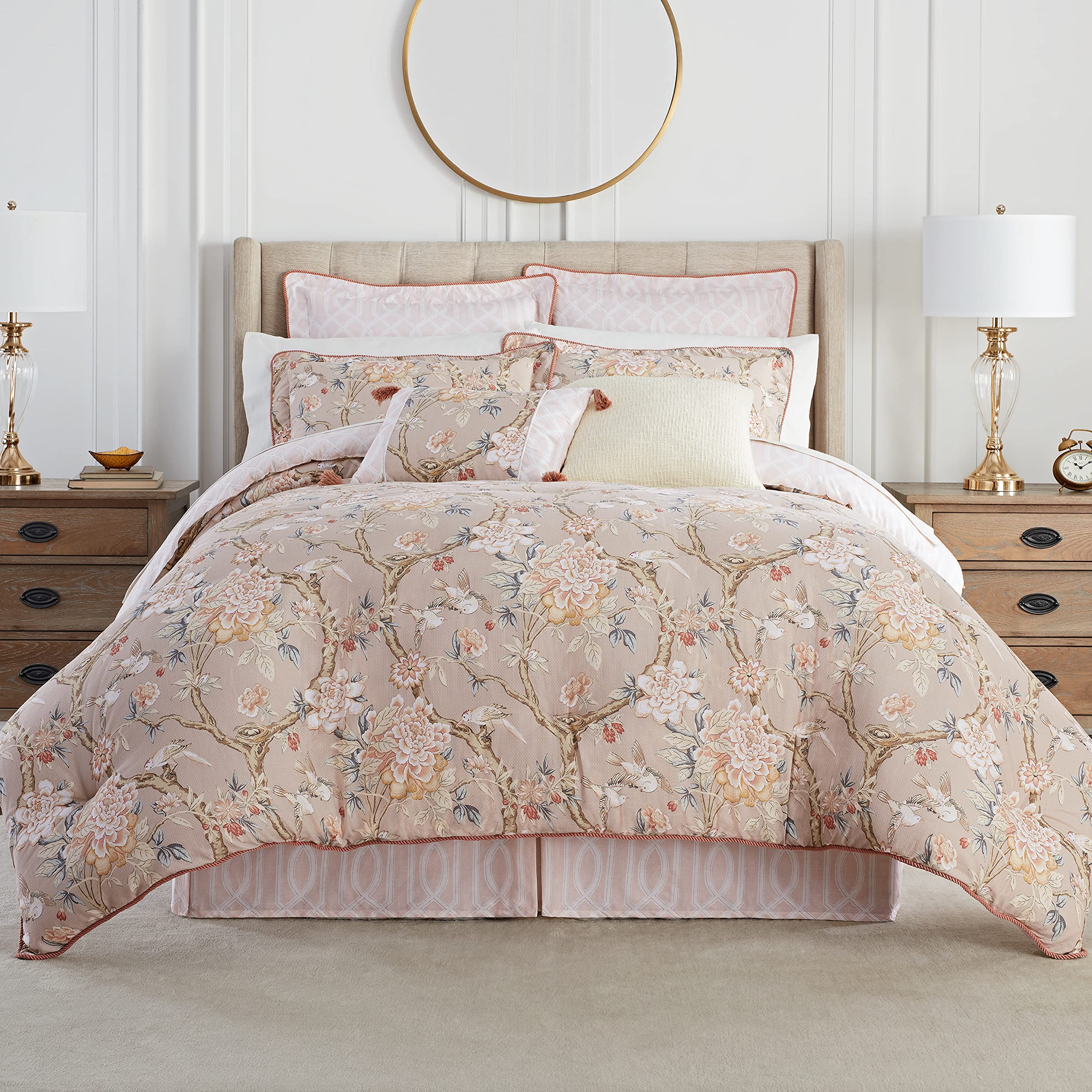 Waverly Peony Gardens 4-Piece King Cotton Comforter Set - All Season Embellished Bedding with Comforter, Bed Skirt & 2 Pillow Shams - Machine Washable Taupe - Perfect for Master Bedroom, Guest Room & Luxury Hotel Decor