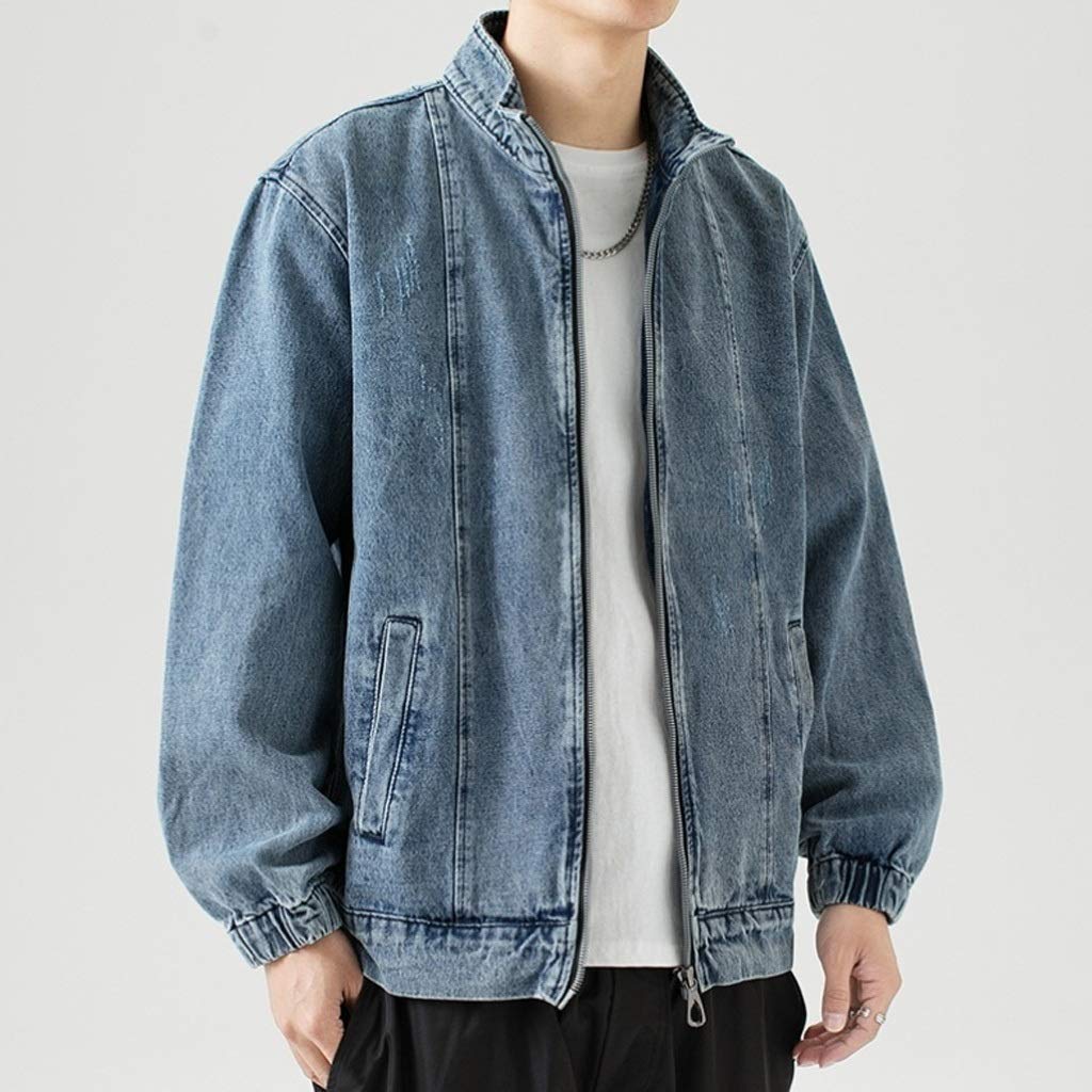 WSSBK Men's Denim Jacket - Loose Fit Casual Spring & Autumn Jacket with Solid Color Zipper Design (Large Size) | Perfect for Outdoor Activities, Daily Wear & Street Fashion