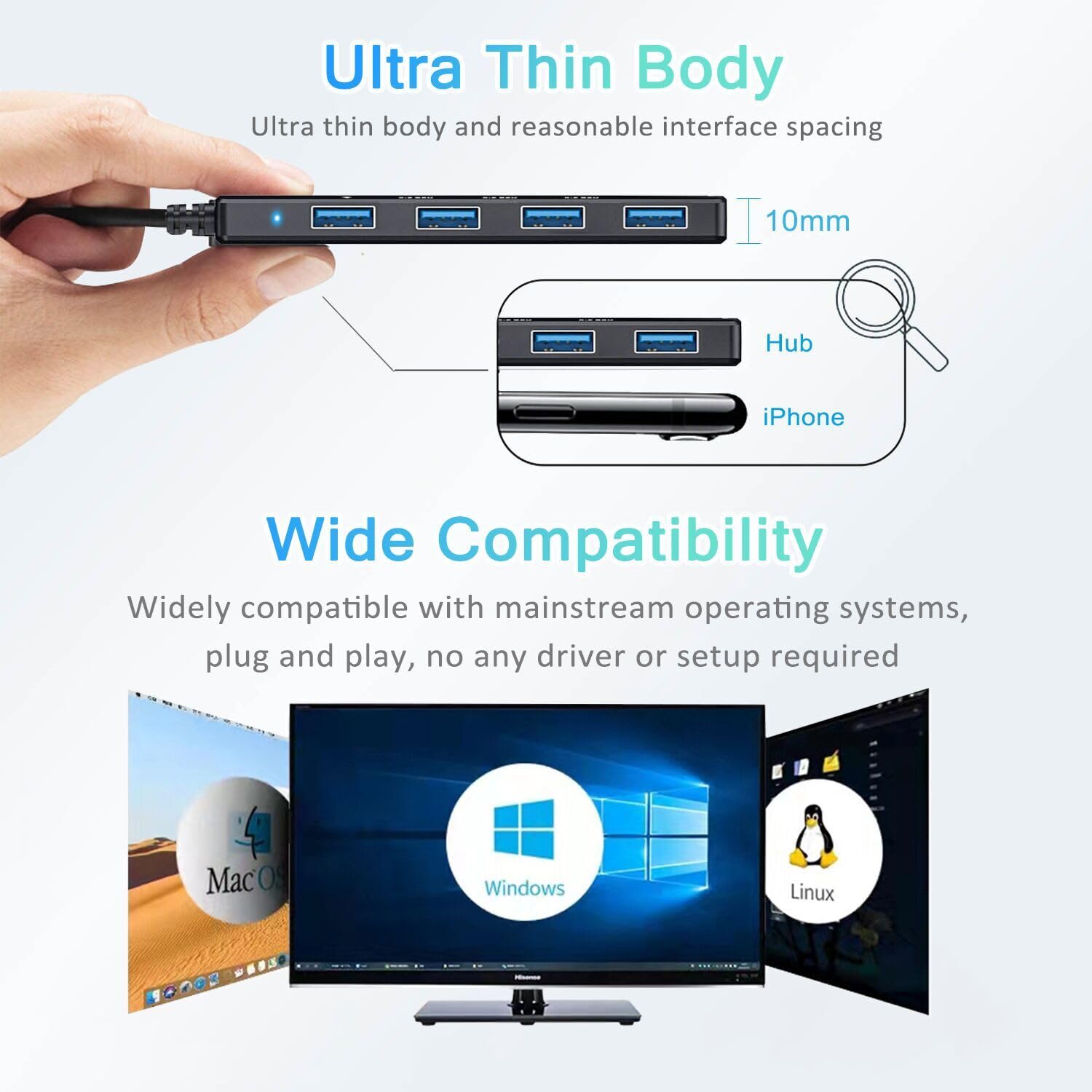 ANKYY 4-Port USB 3.0 Hub with 3.3FT Cable - High Speed Data Transfer for Laptop, Desktop, PC, Xbox, PS4, Printer, External HDD, Flash Drive | Perfect for Home Office, Gaming Setup & Workstation Connectivity