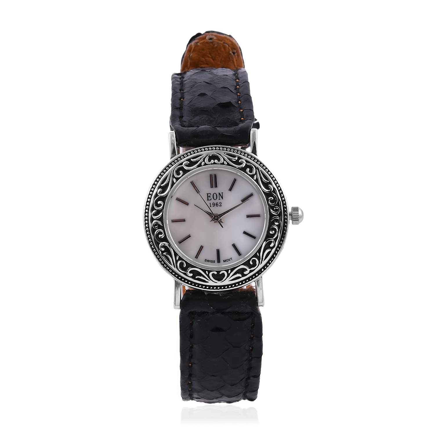 EON 1962 Sterling Silver Watch with Black Leather Strap - Vintage Inspired Timepiece for Men & Women | Perfect Gift for Anniversary, Birthday & Formal Occasions